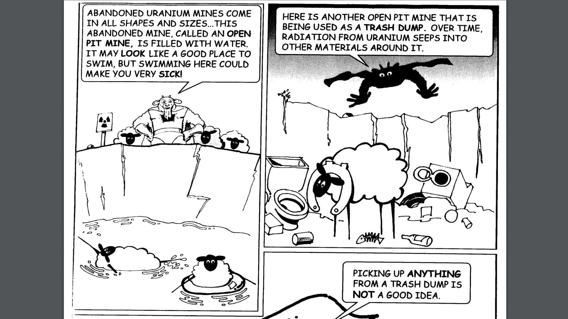 Comic book illustrations show a superhero called Gamma Goat teaching young sheep the dangers of uranium contamination.