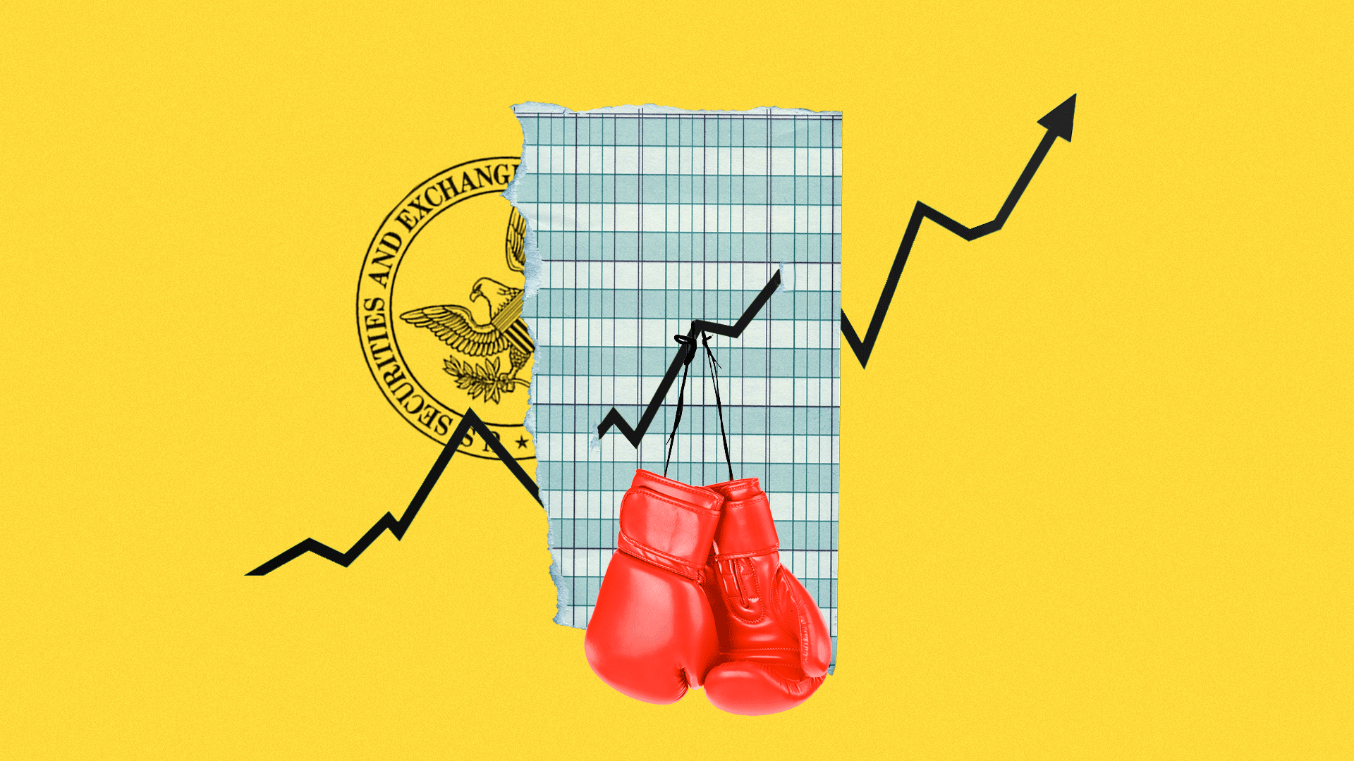 In this illustration, two red boxing gloves hang in front of a rising arrow stylized as a stock market graph. In the background, the logo of the SEC is visible.
