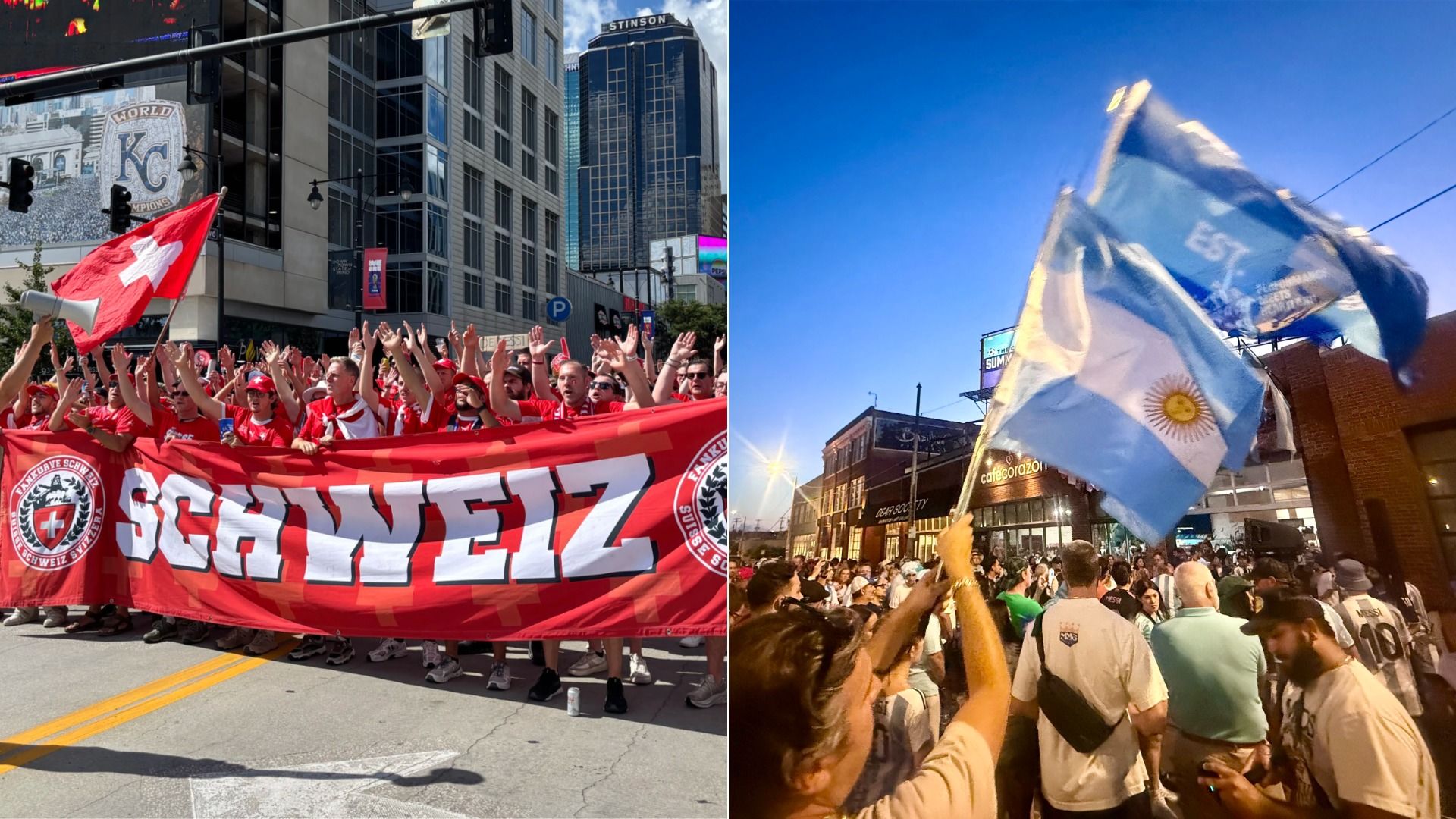 Split image: left a crowd in red shirts marches down a city street, holding a long red banner with a Swiss flag; right people wave an Argentine flag in a sunny street celebration.