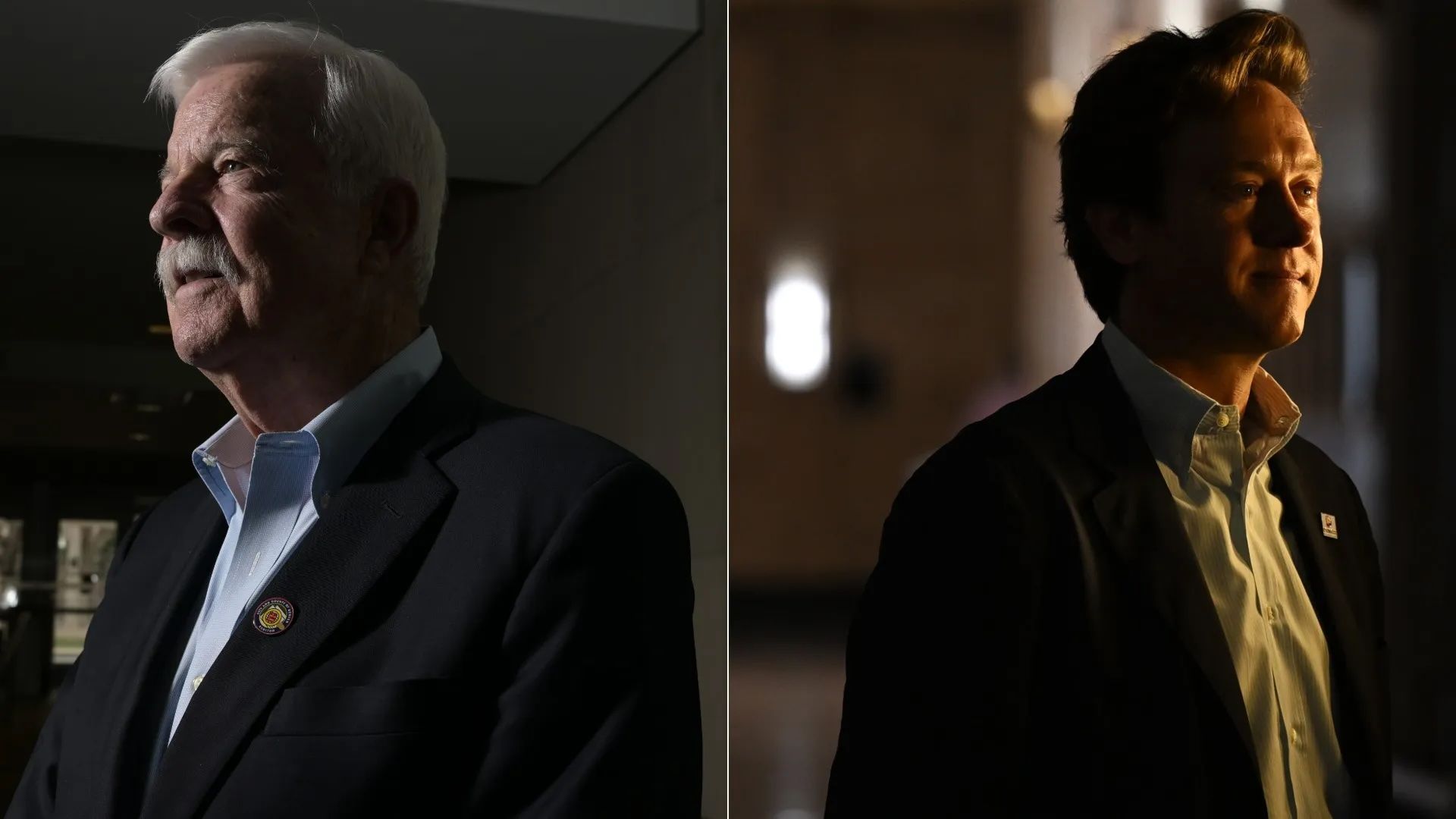 Two-panel photo: left shows an older man with white hair and a mustache in a dark suit, looking left; right shows a younger man in a blazer and light shirt, lit from the side, facing forward.