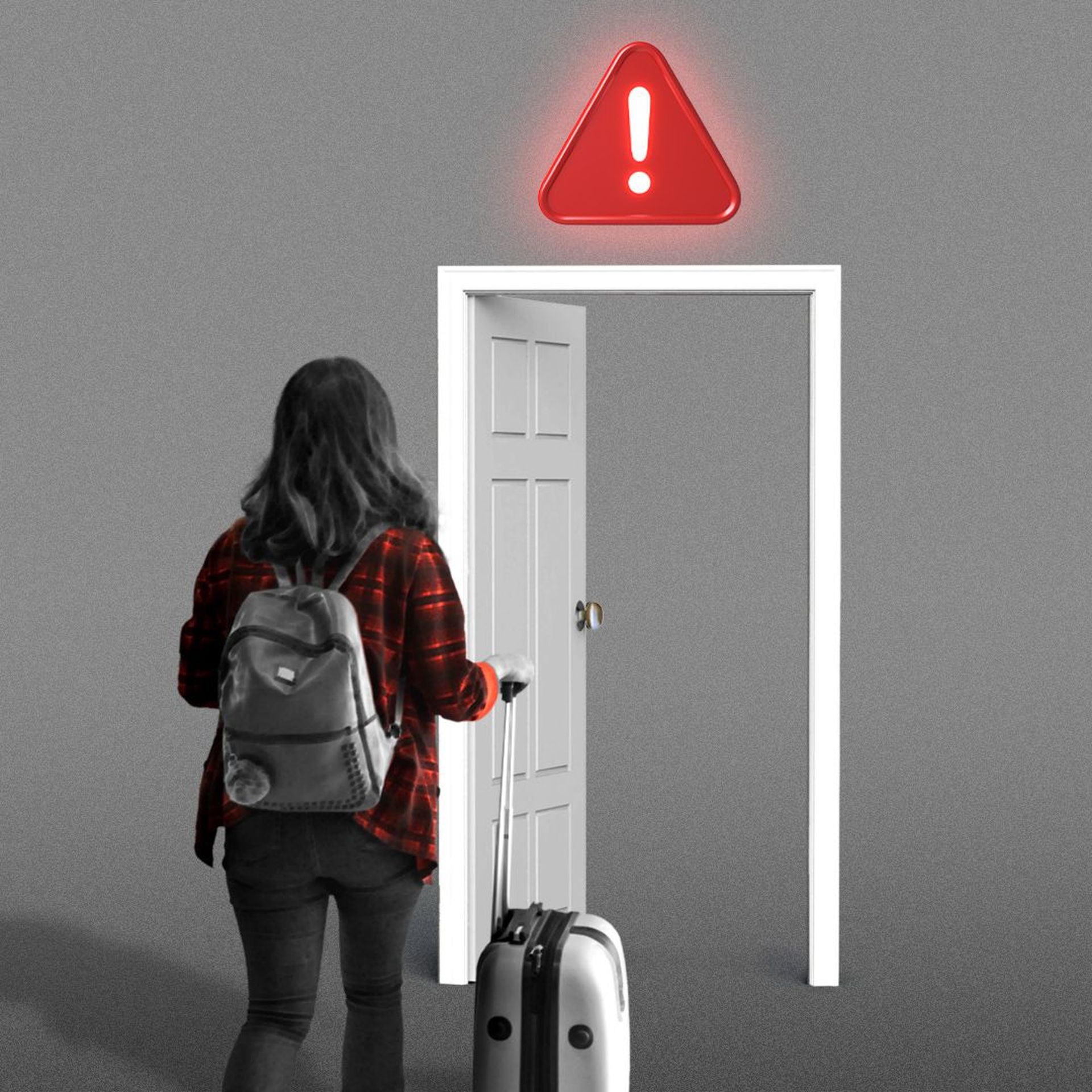 Illustration of a person with a suitcase walking towards a door with a large warning sign above it.