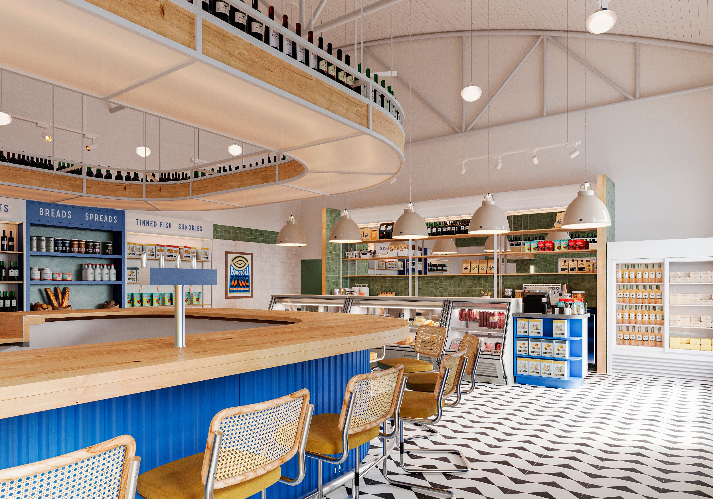 A rendering of the inside of Wedgewood Cheese Shop