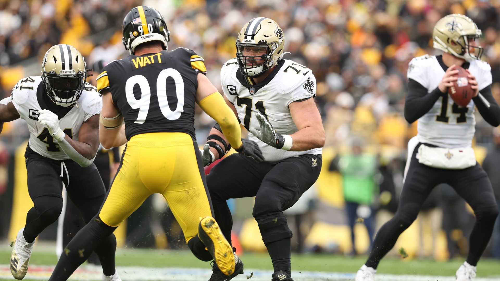 Ryan Ramczyk #71 of the New Orleans Saints makes a move to block on the line of scrimmage during an NFL football game against the Pittsburgh Steelers at Acrisure Stadium on November 13, 2022 in Pittsburgh, Pennsylvania. (Photo by Perry Knotts/Getty Images)