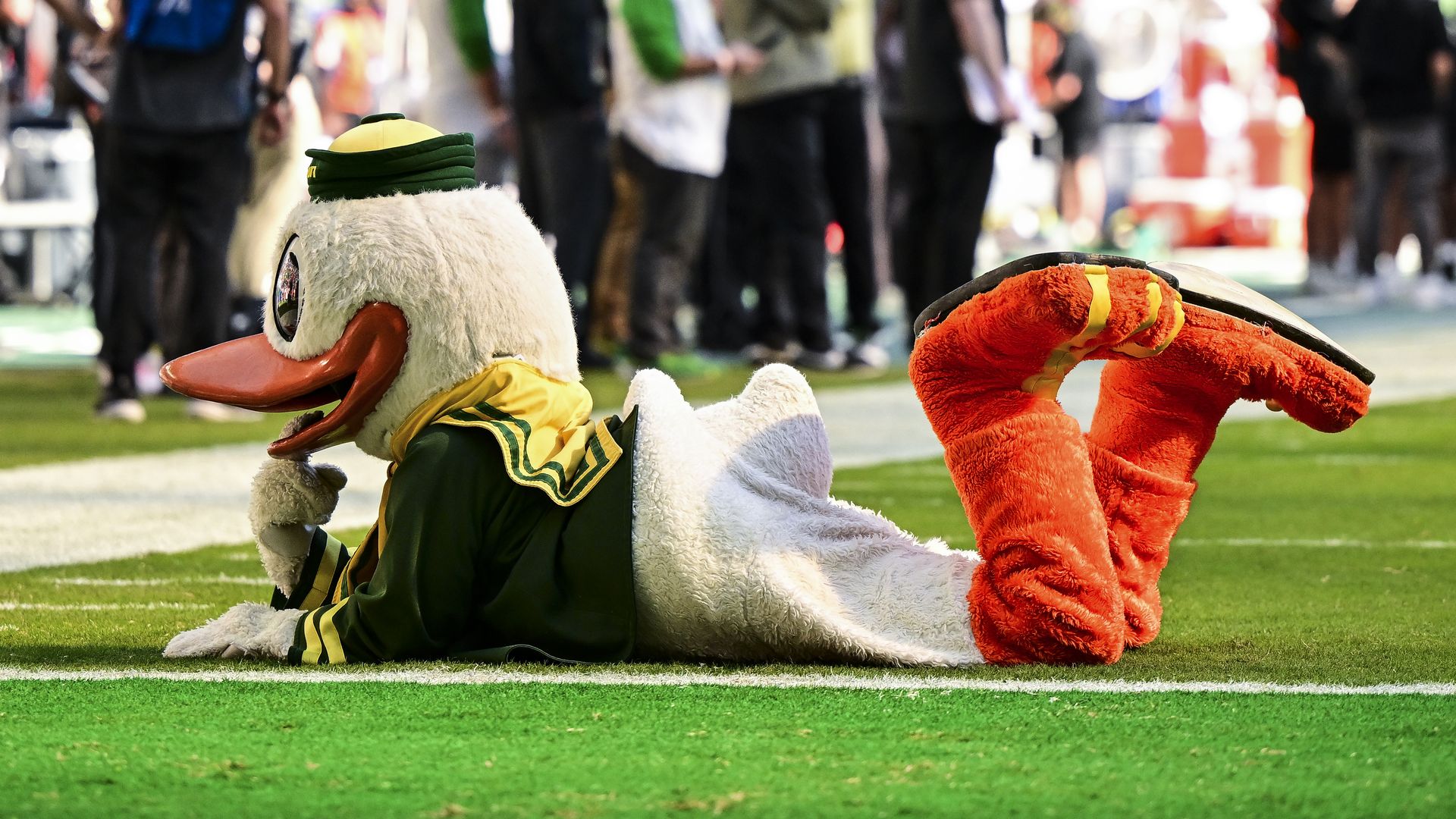 A duck mascot in a green and yellow outfit lies on its stomach on a football field, with orange feet raised behind, and spectators blurred in the background.