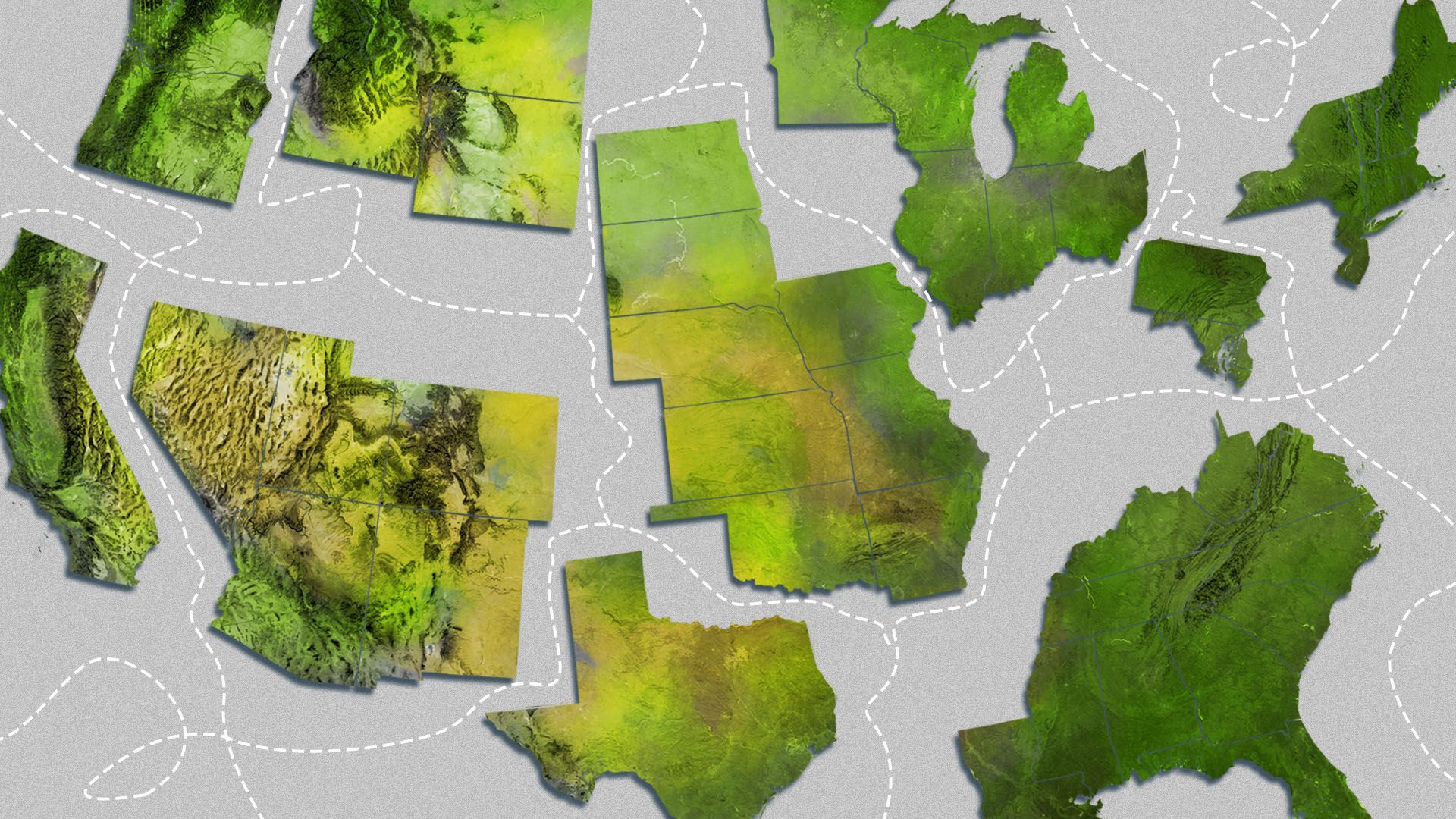 Illustration of the a divided topographical map of the United States 