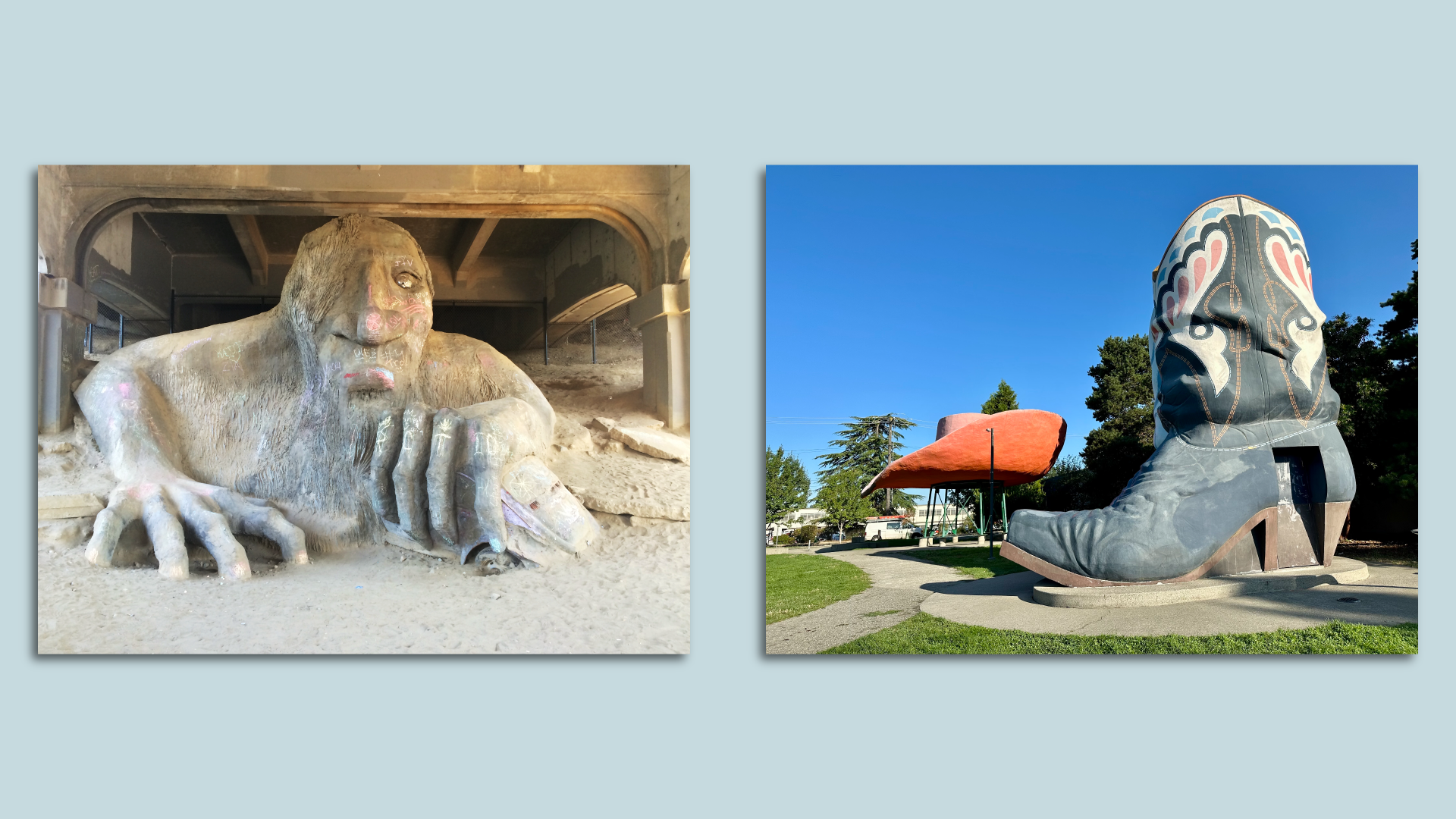 Side-by-side images of the Fremont Troll and Hat n' Boots, mounted on a light blue background.