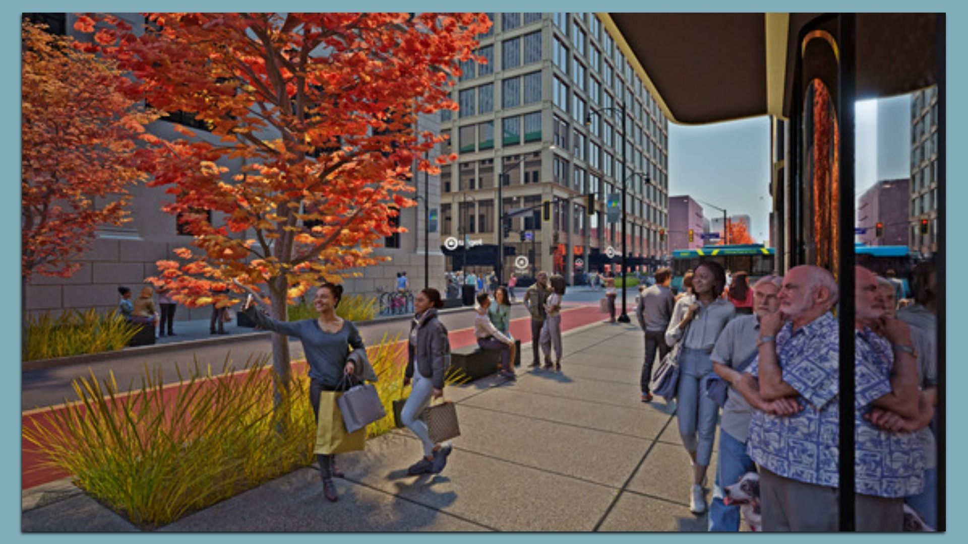 City sidewalk in autumn with people walking and chatting near trees with orange leaves and modern buildings in the background under clear sky.
