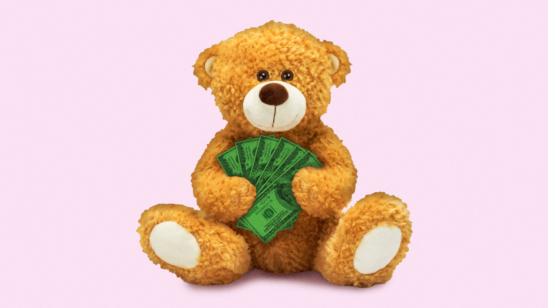 Illustration of a teddy bear holding a fan of hundred dollar bills.