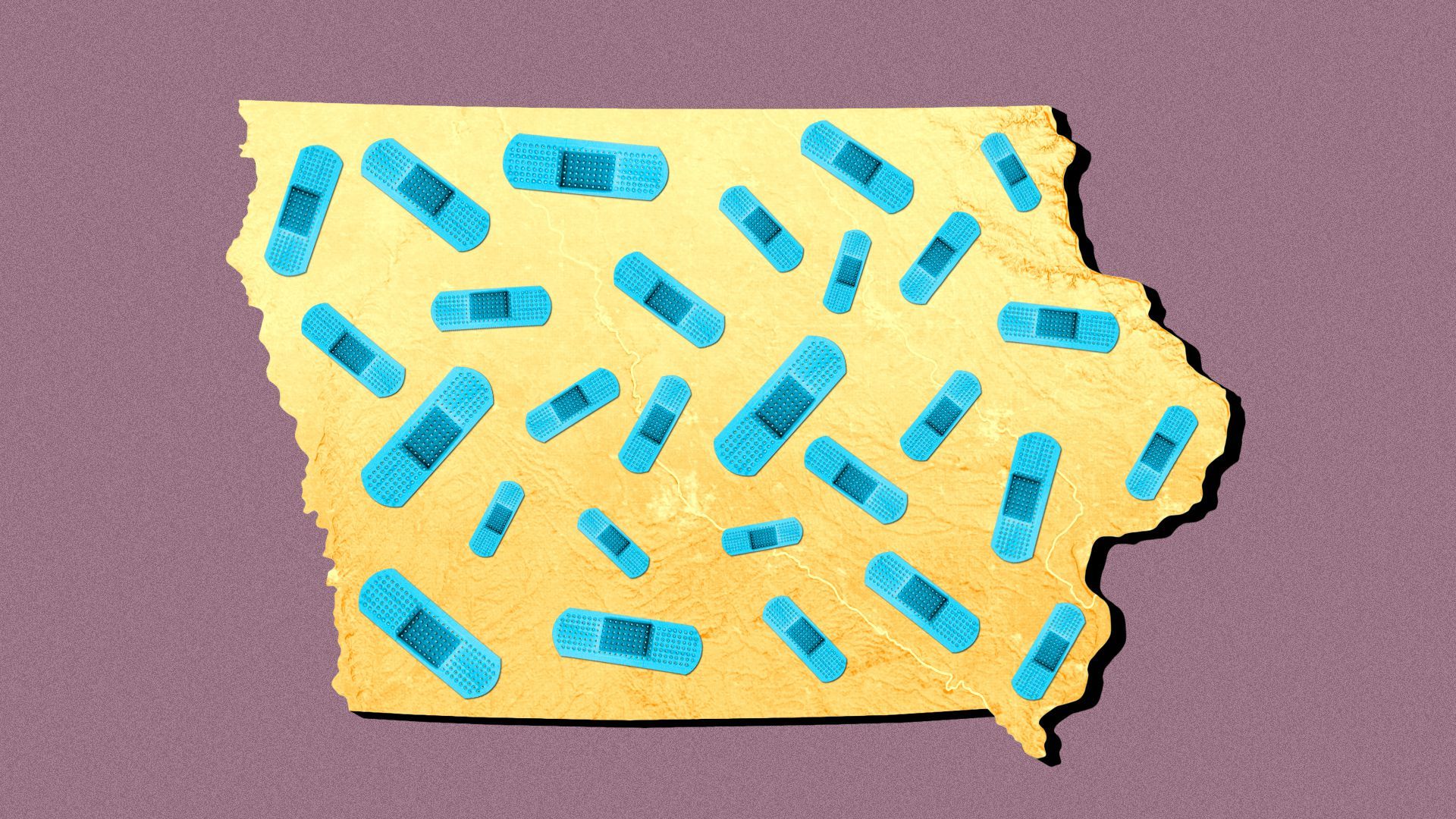 Illustration of the state of Iowa covered in bandages.