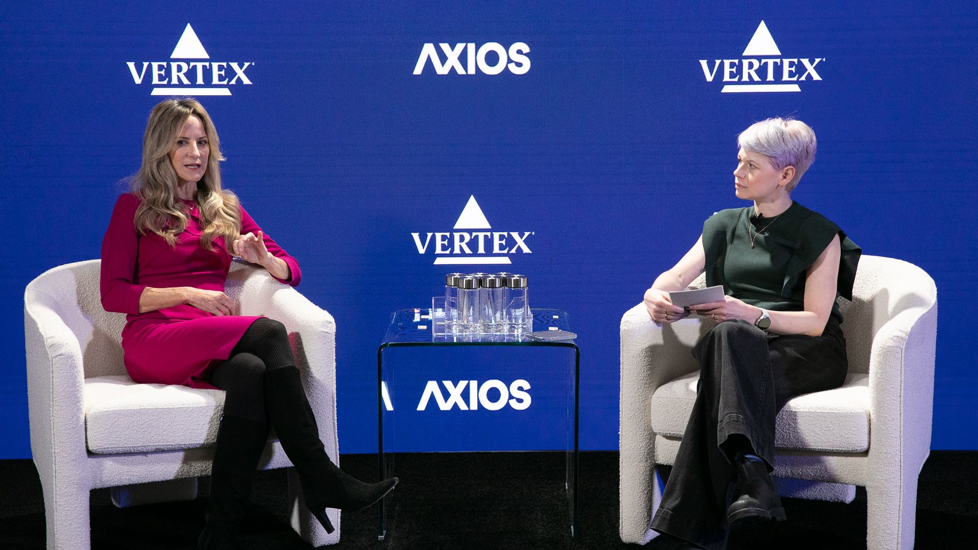 Axios reporter Erin Brodwin interviewing AppliedVR chief science officer Dr. Beth Darnall in San Diego.