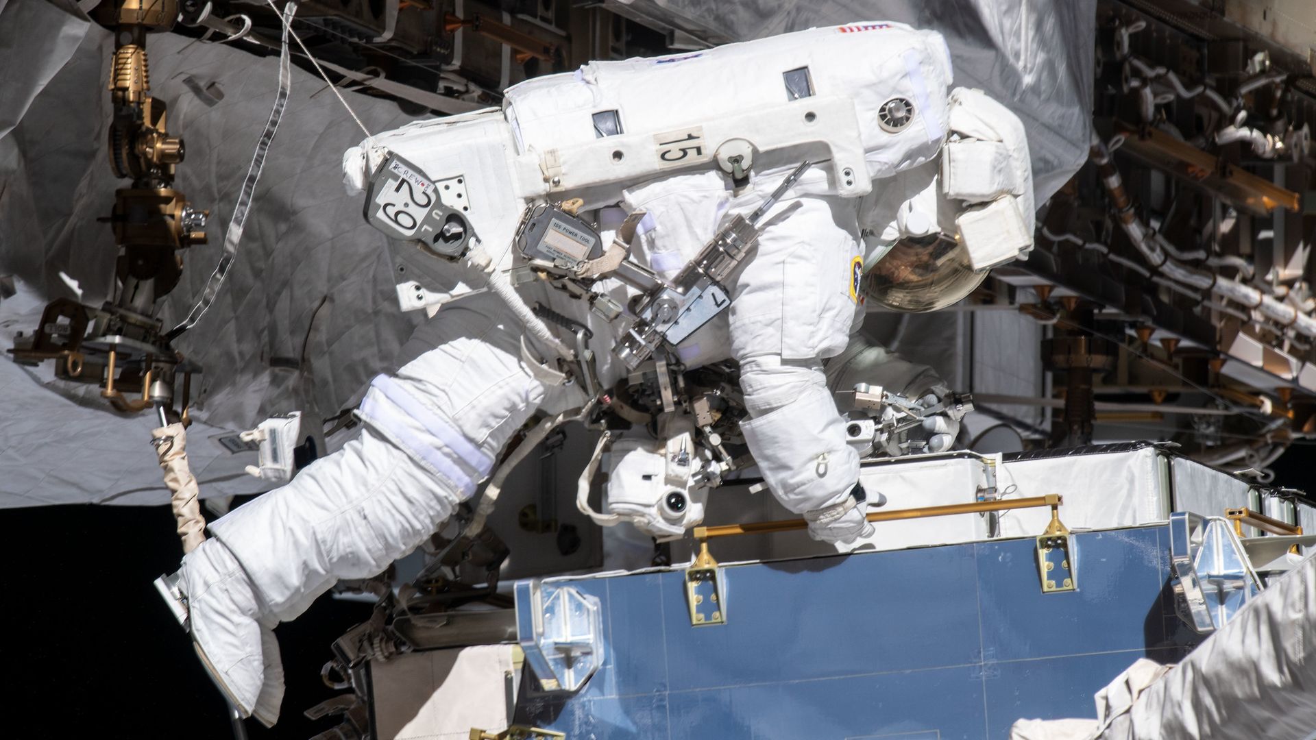 An astronaut working on the outside of the International Space Station