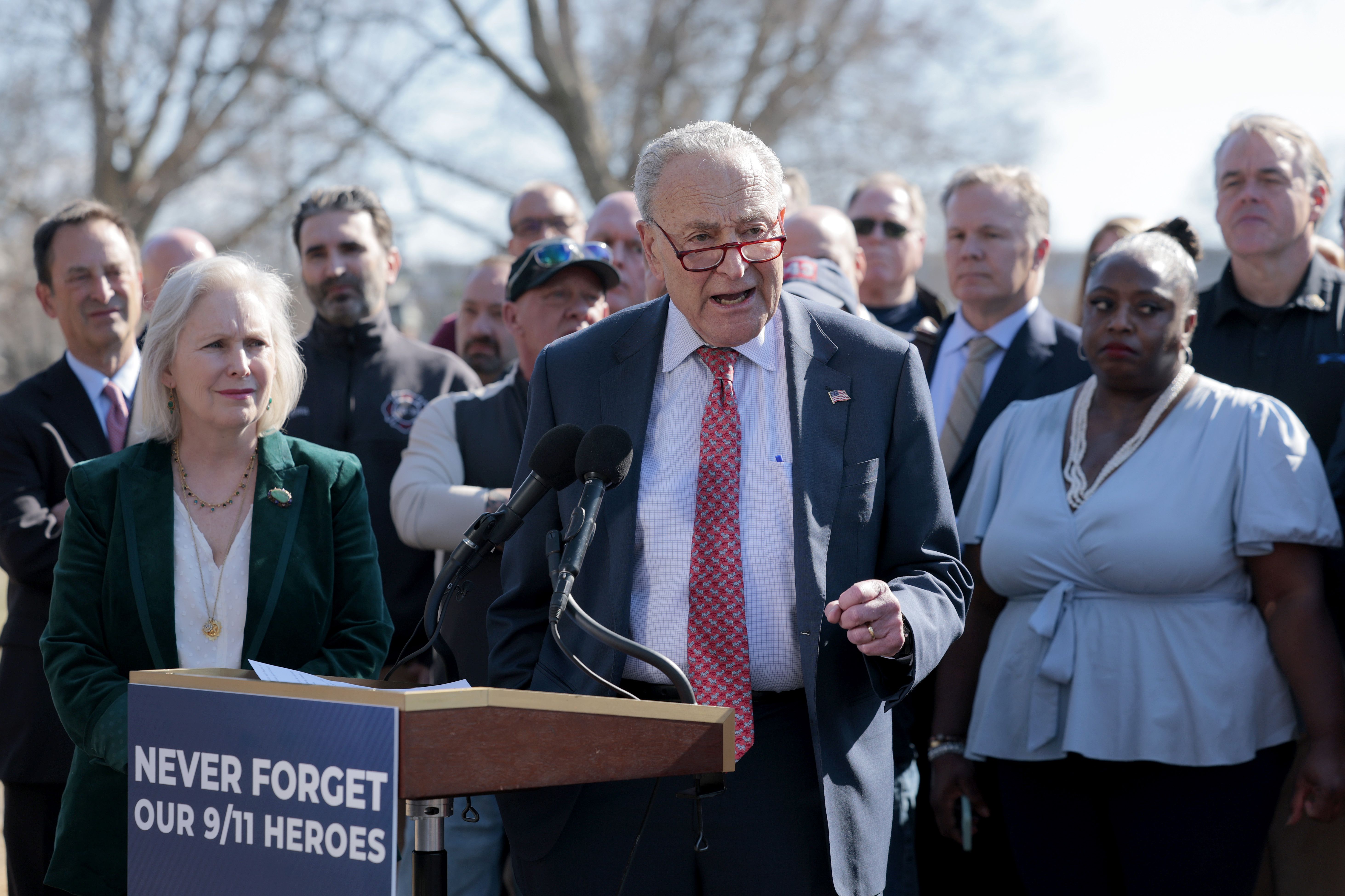 Senate Minority Leader Chuck Schumer (D-N.Y.) at a news conference for the 9/11 Survivor Health Program outside the U.S. Capitol on Feb. 26.