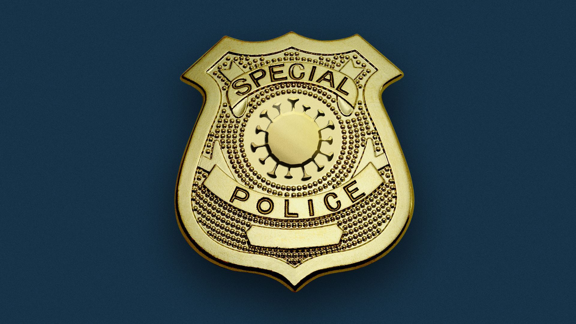 Illustration of a police badge with a covid cell in the middle.