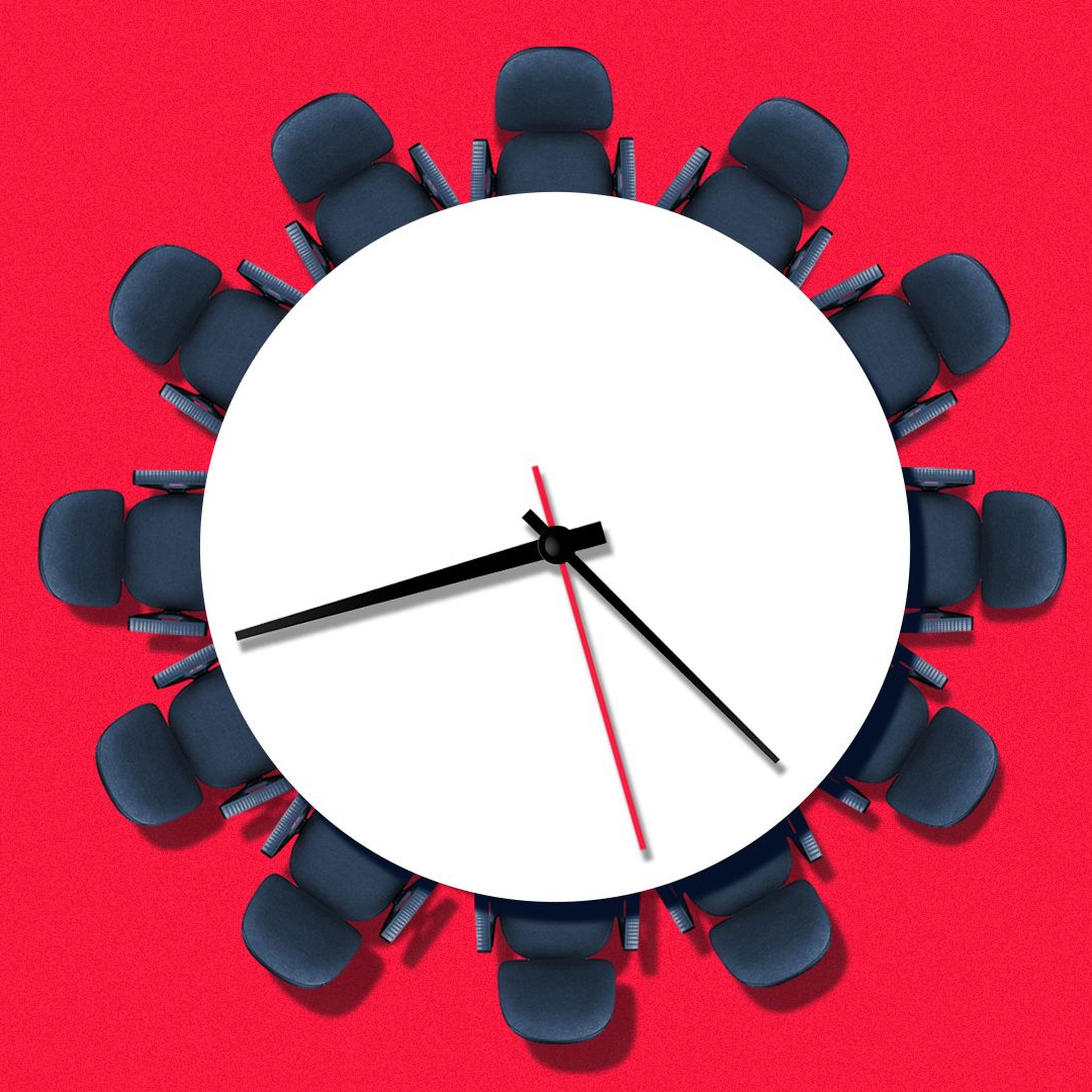 Illustration of a conference table surrounded by empty chairs with clock hands in the center