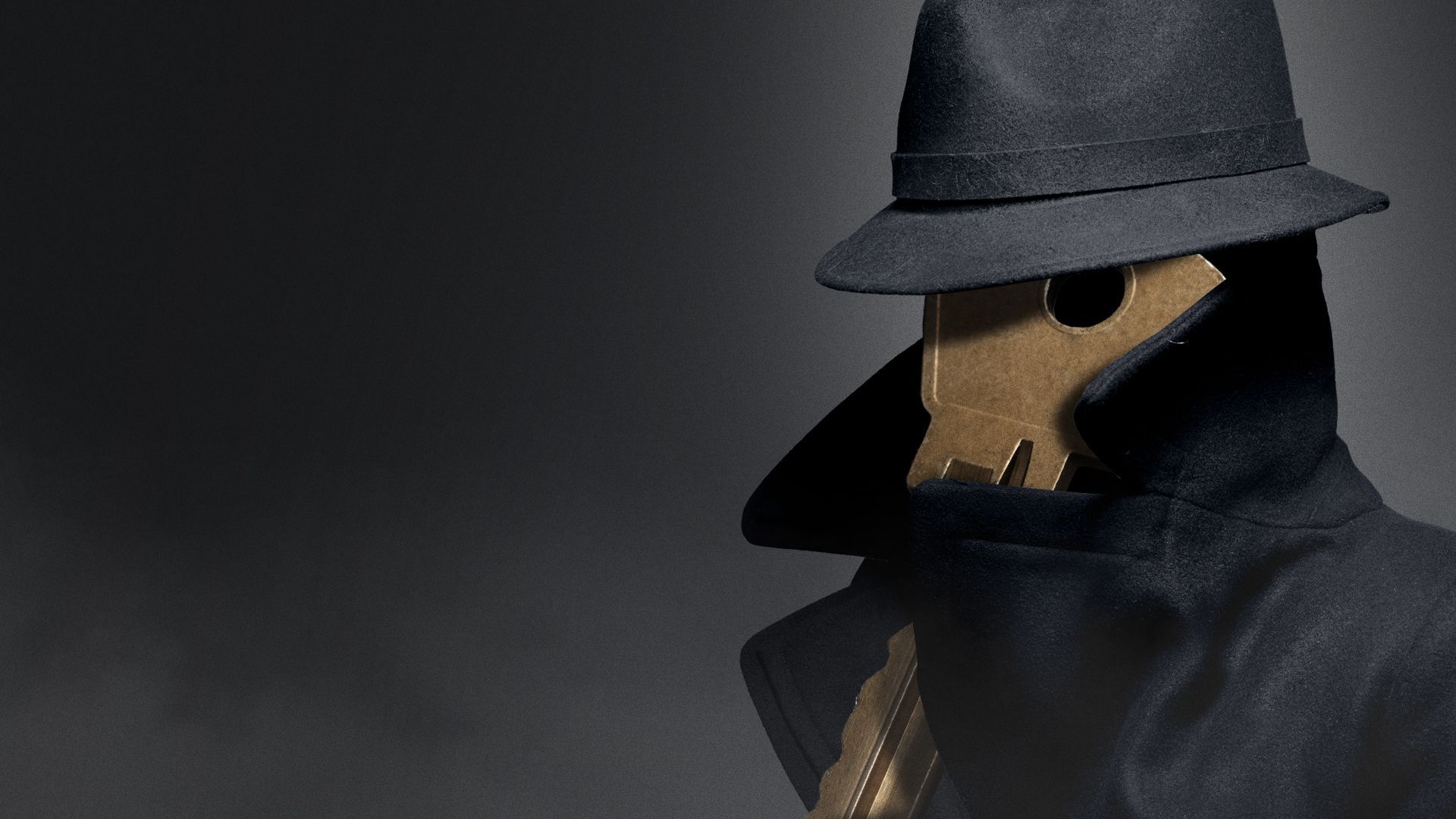 Illustration of a shady-looking house key wearing a trench coat and fedora, surrounded by fog. 
