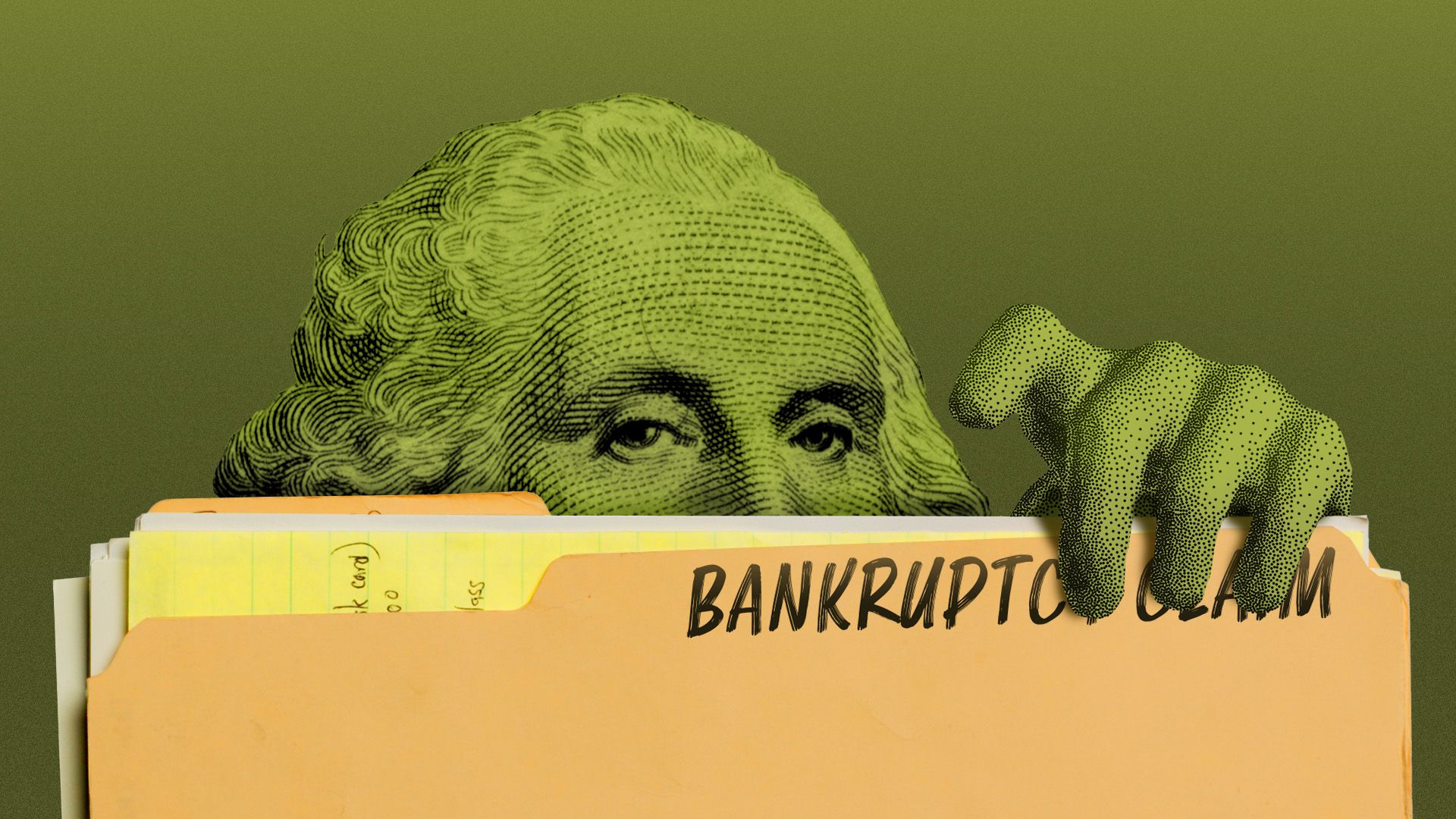 Illustration of George Washington from a one dollar bill hiding behind a bankruptcy filing claim folder