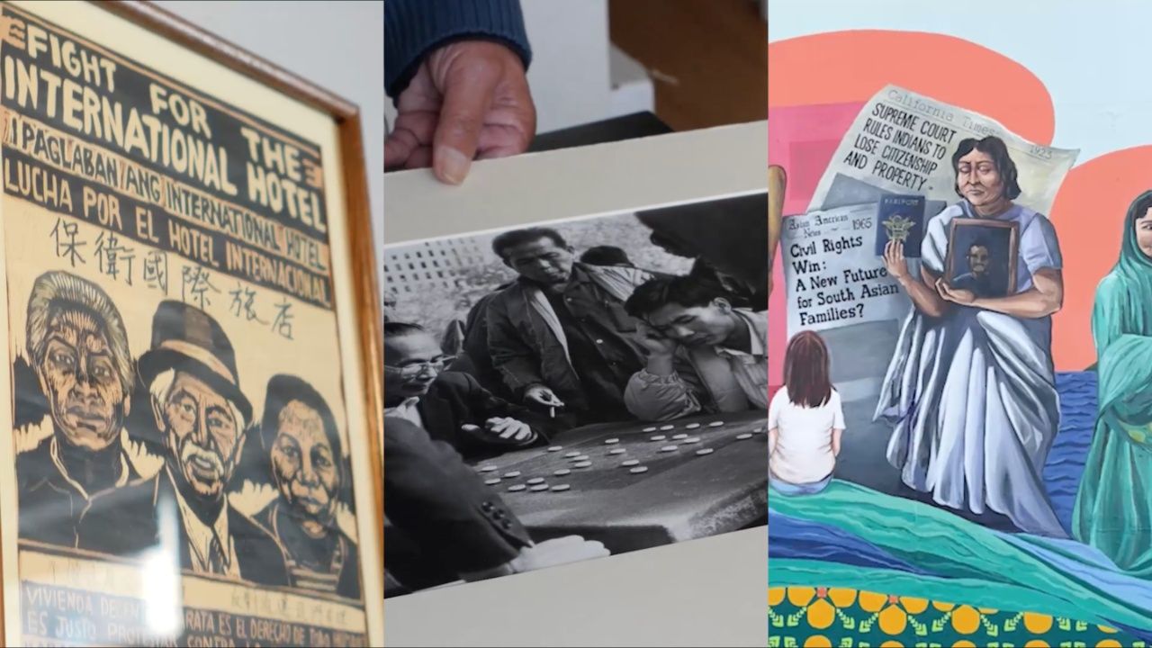 Triptych collage: left vintage poster with illustrated portraits; center grayscale scene of people around a table with coins; right mural of a woman holding a framed photo beside a child and Civil Rights imagery.