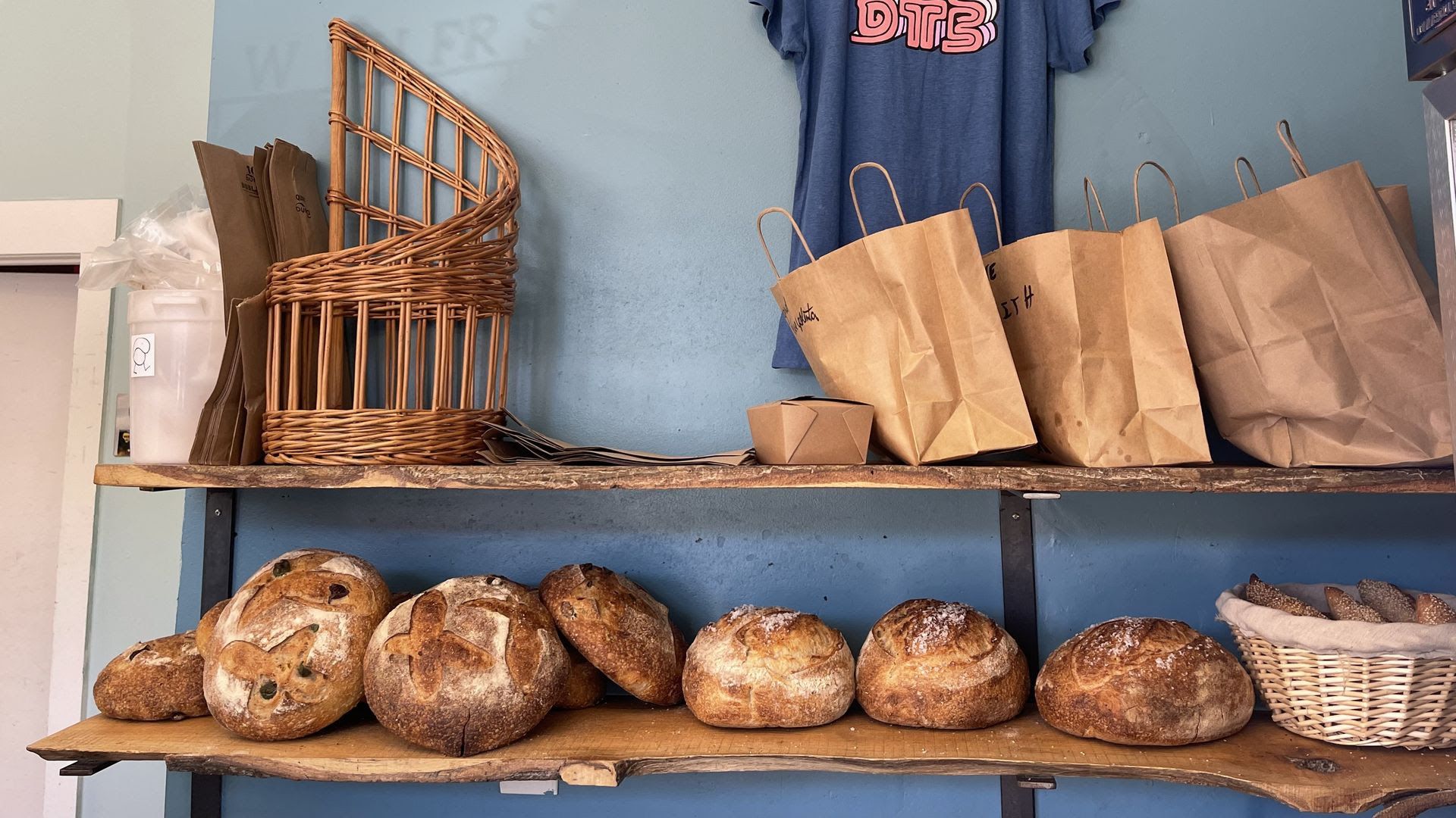 A shelf of bread at Dan the Baker