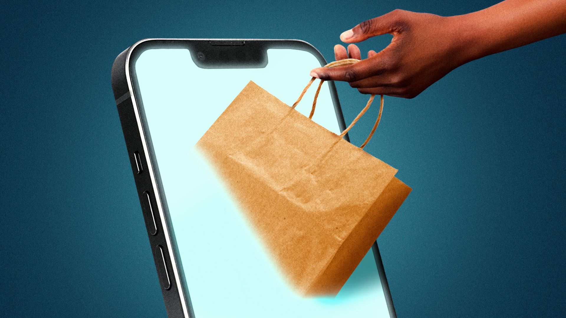 Illustration of a hand pulling a shopping bag out of a phone screen.