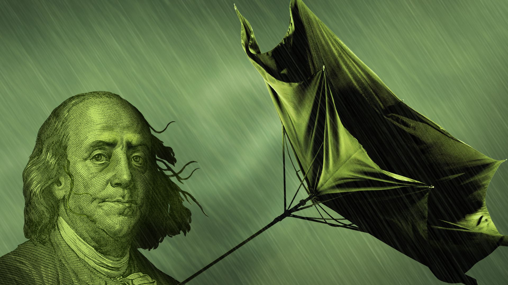 Illustration of Ben Franklin in a rainstorm with a inside-out umbrella