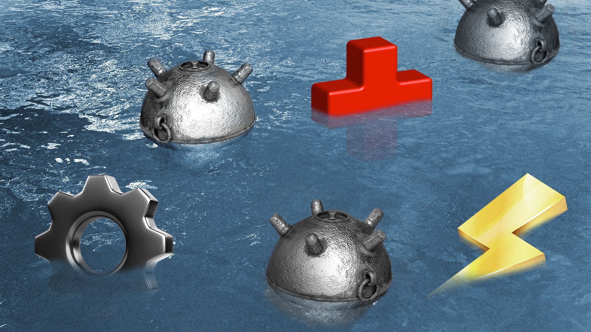 Illustration of a gear, red cross, and lightning bolt floating in water with naval mines.