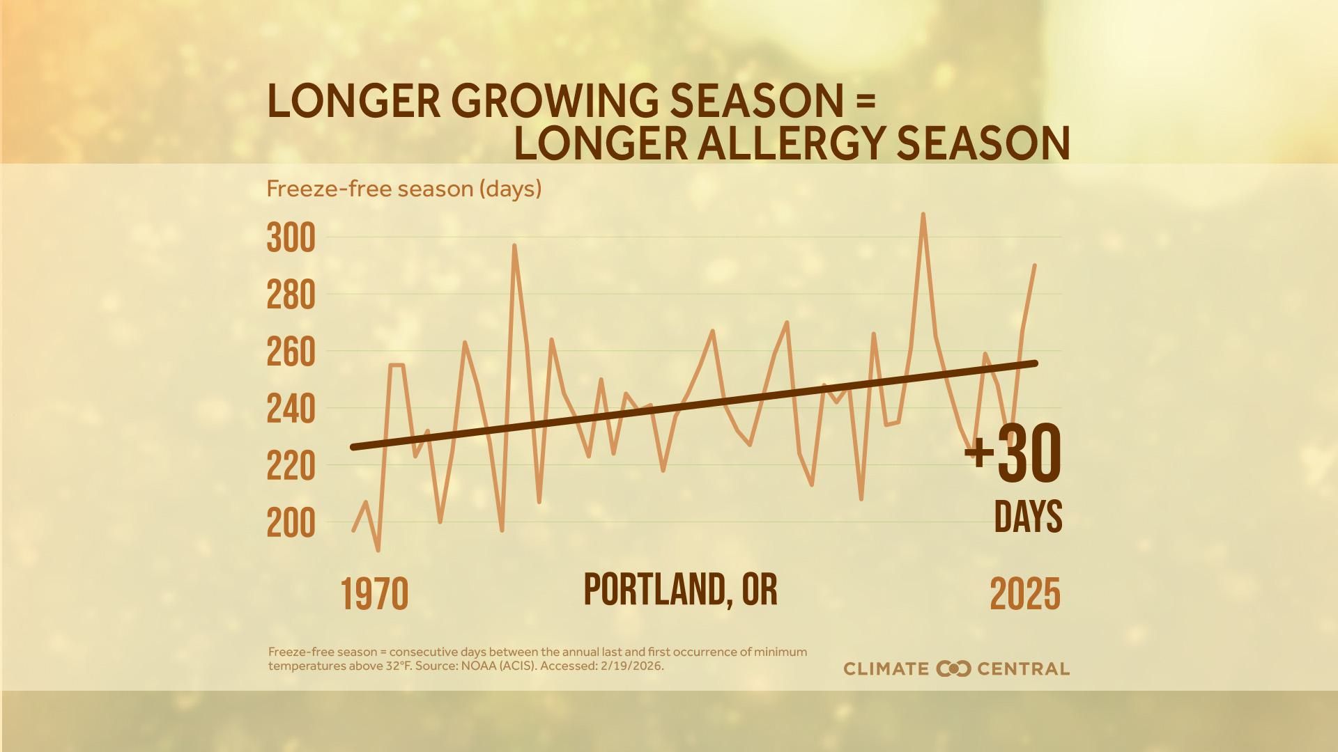 Line graph showing an increase in Portland's freeze-free season from about 220 days in 1970 to about 250 days in 2025, indicating a 30-day longer allergy season.
