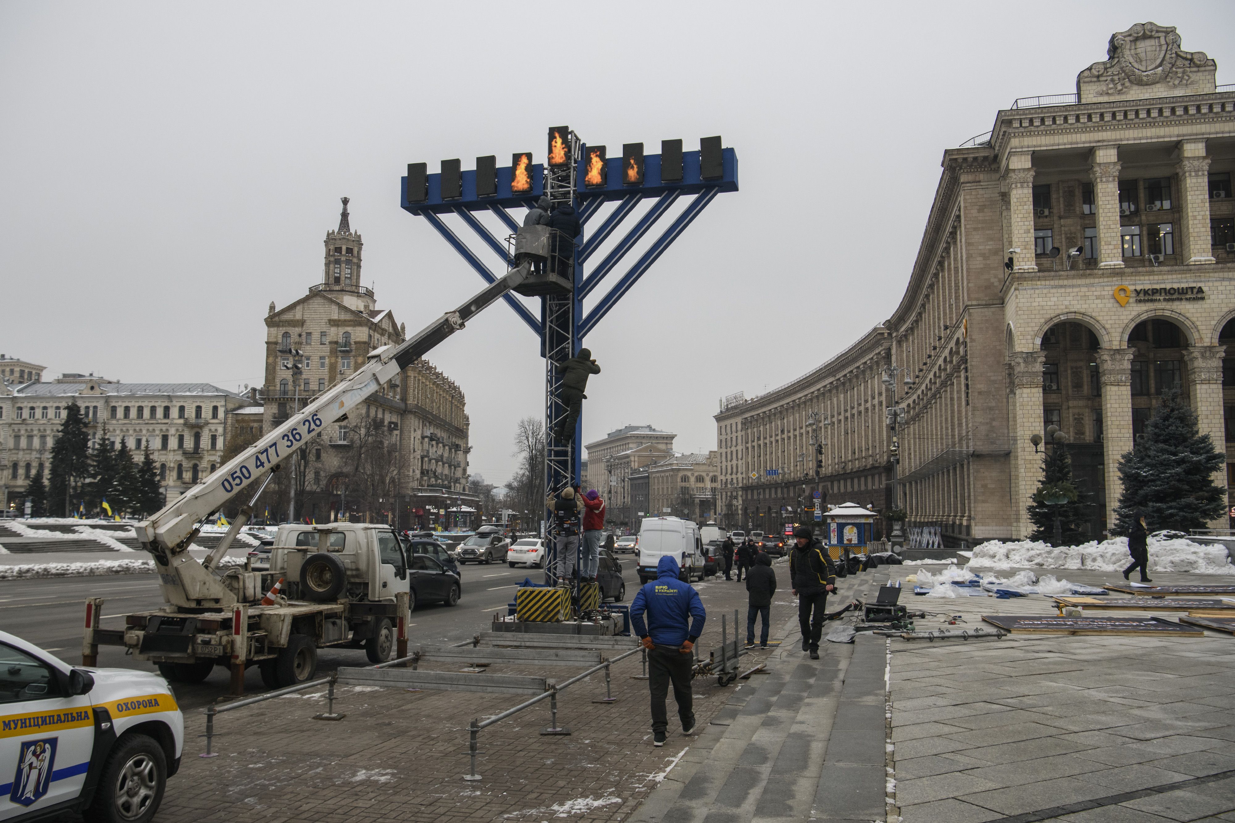 A Hanukkah menorah is installed on Independence Square in Kyiv, Ukraine.