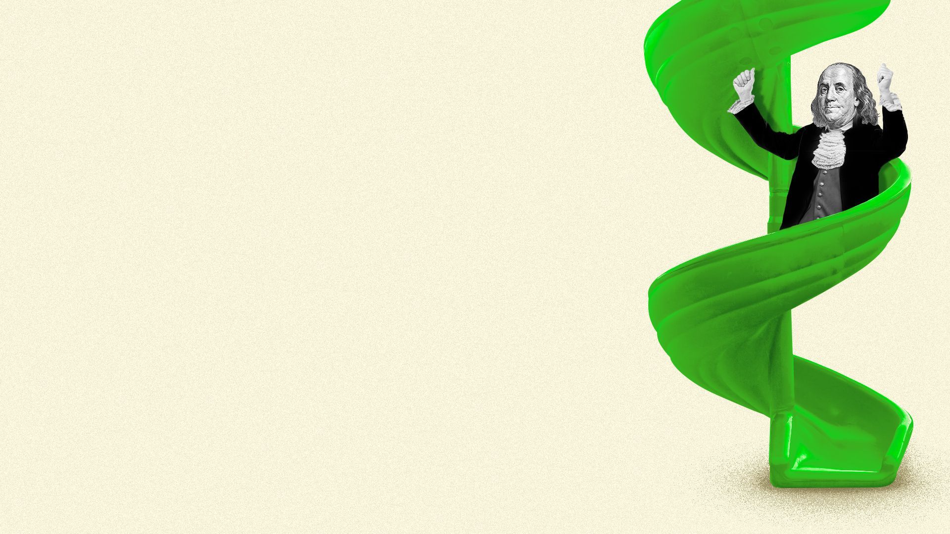 Illustration of Benjamin Franklin sliding down a green playground slide.