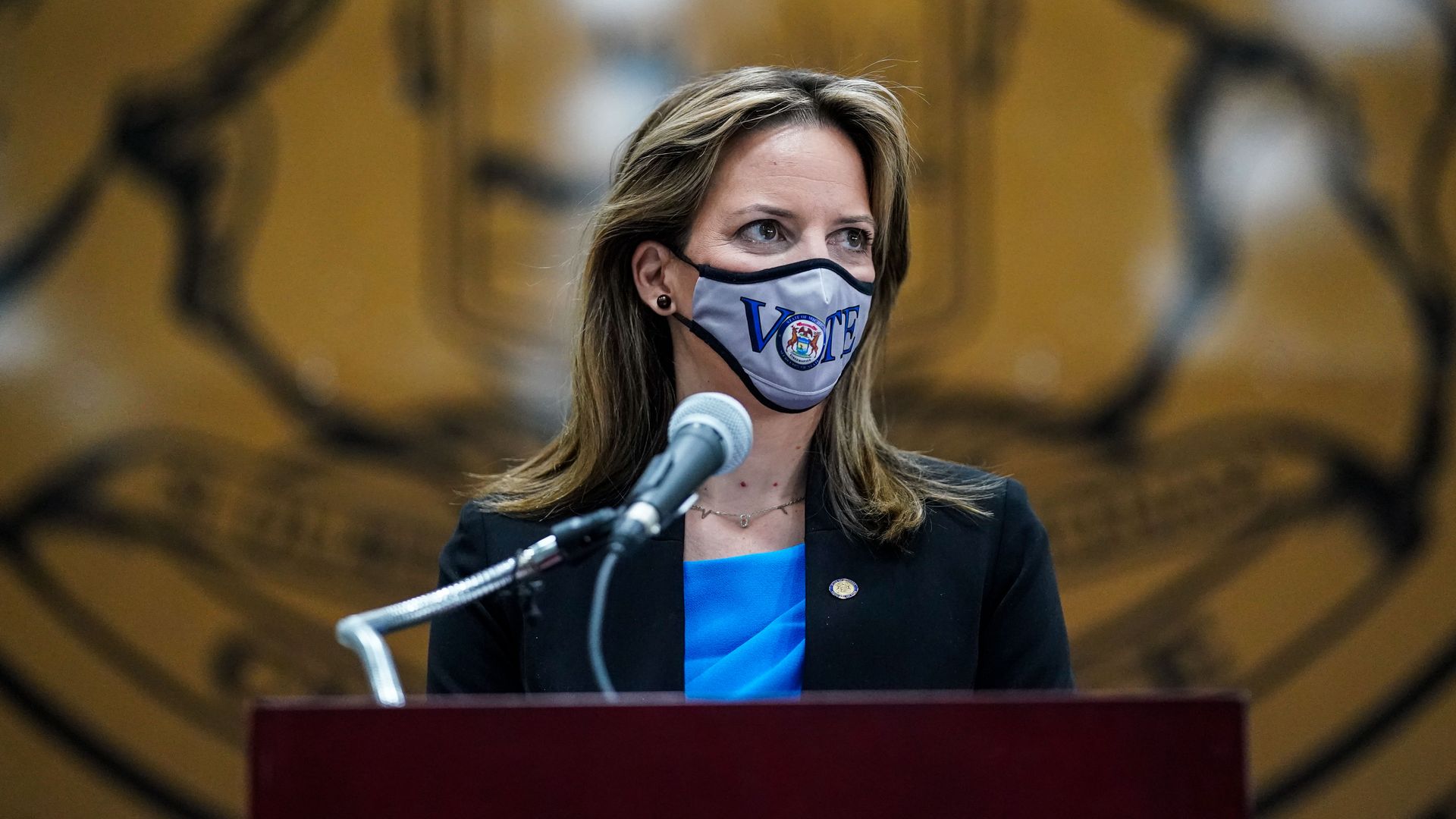 Secretary of State Jocelyn Benson speaks during a press conference at Callidac Place on Monday, Nov. 2, 2020 in Detroit, MI. 