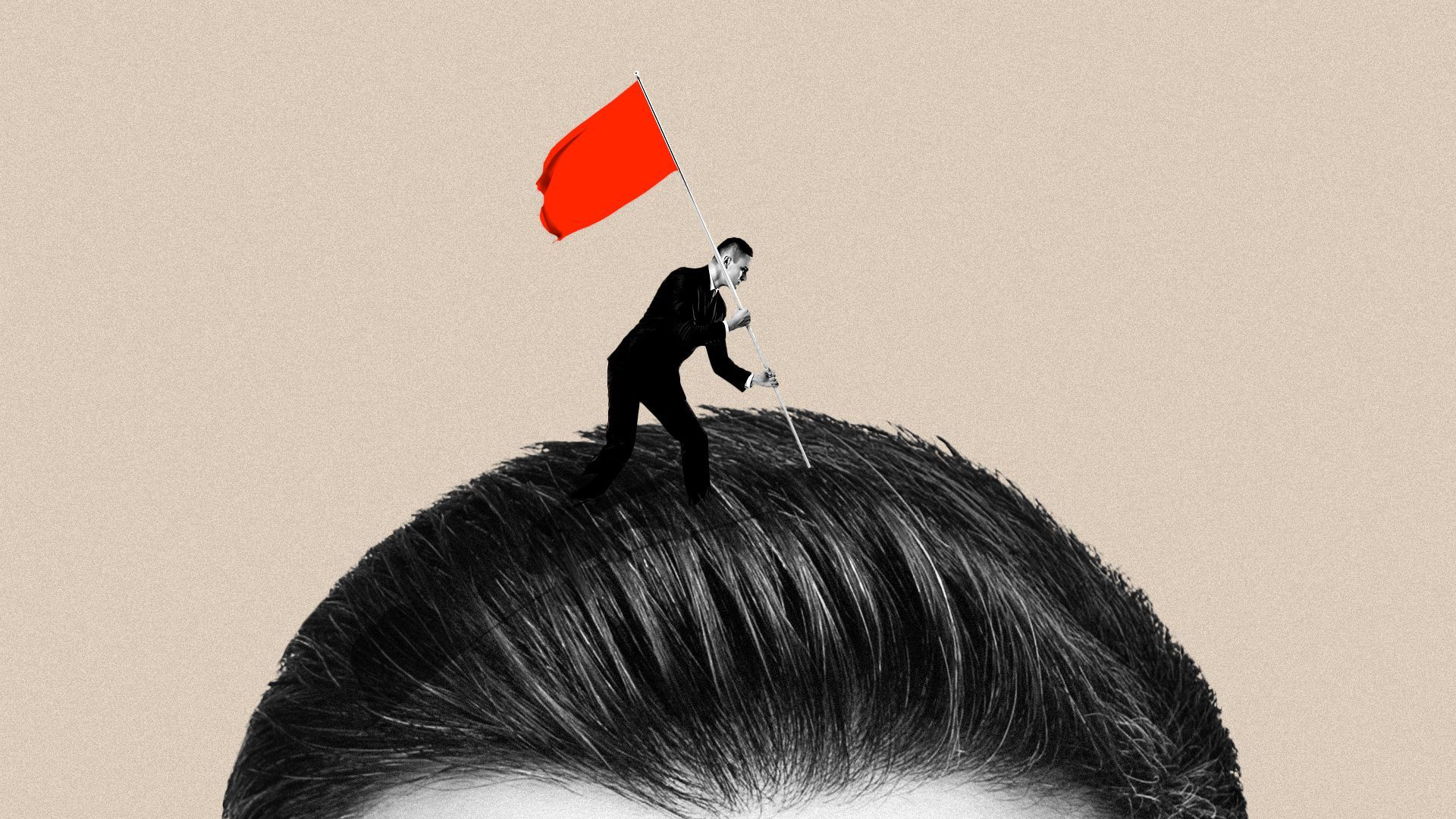 Illustration of a man planting a flag on his own head. 