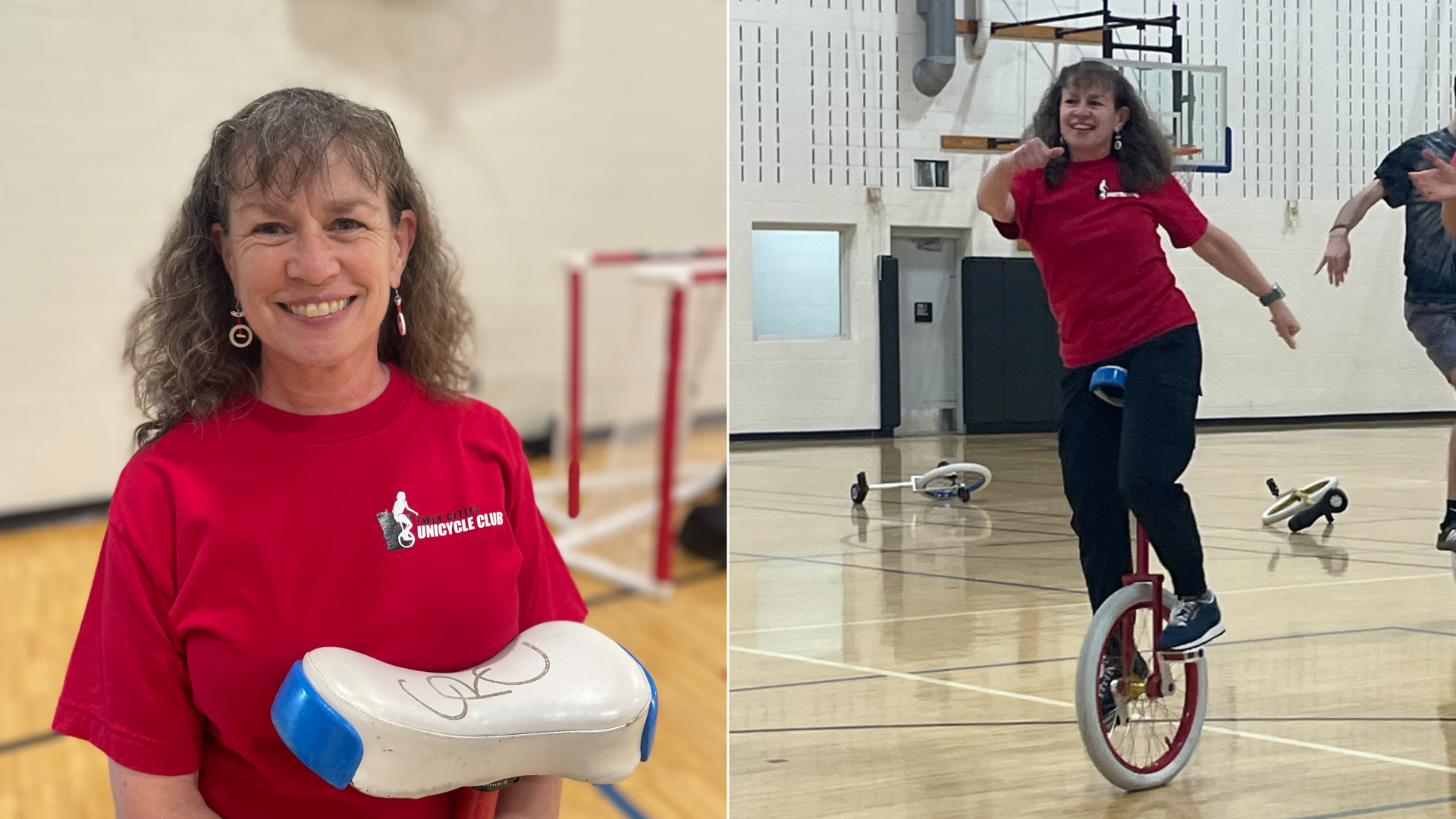 Two photos of a woman with greying curly hair and bangs. one is posing with a unicycle and the other is riding