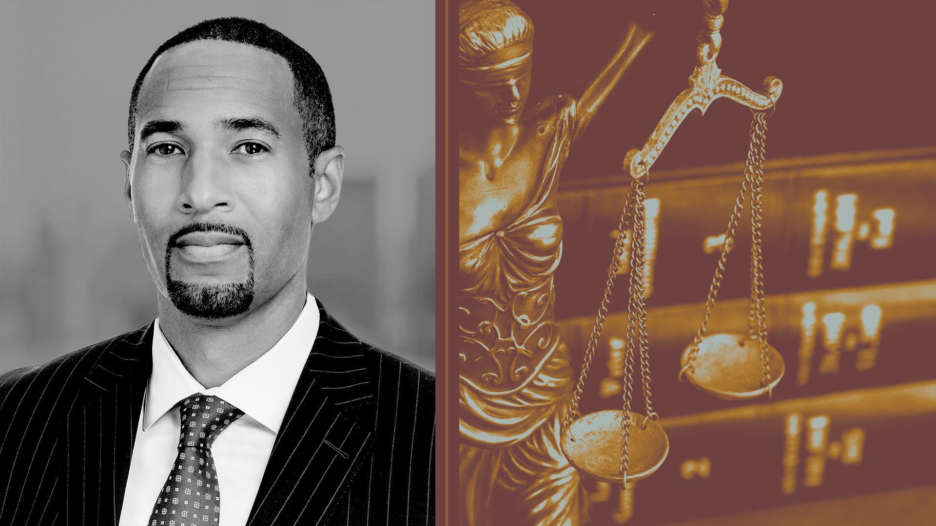 Photo illustration of Terence Rozier-Byrd next to a photo of a sculpture of Lady Justice and law books.