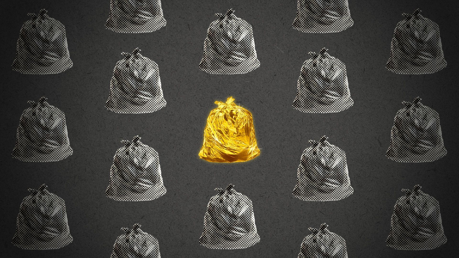 Illustration of a pattern of trash bags; one is golden.