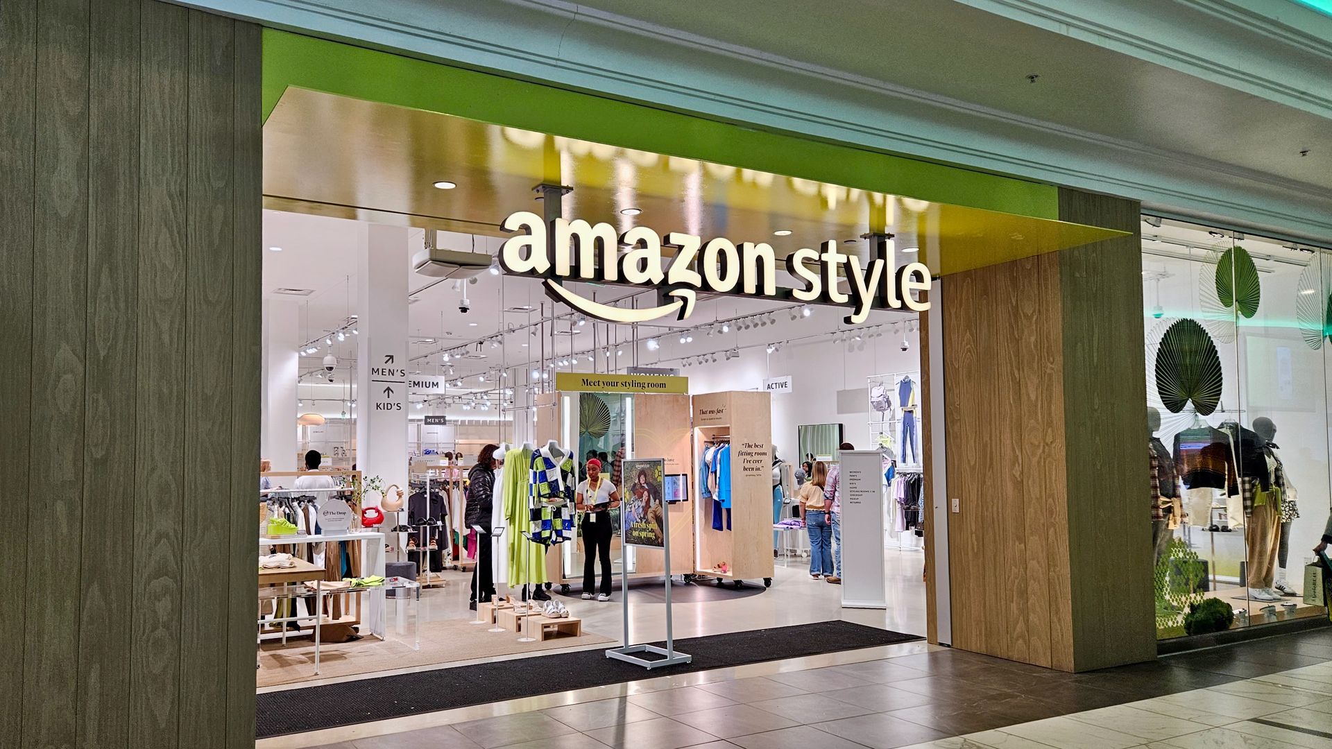 The exterior of the Amazon Style store, with mannequin displays