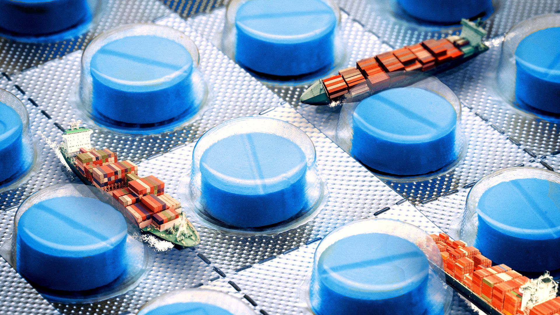 Illustration of a macro view of a blister pack with tine cargo container ships sailing in between the pills. 