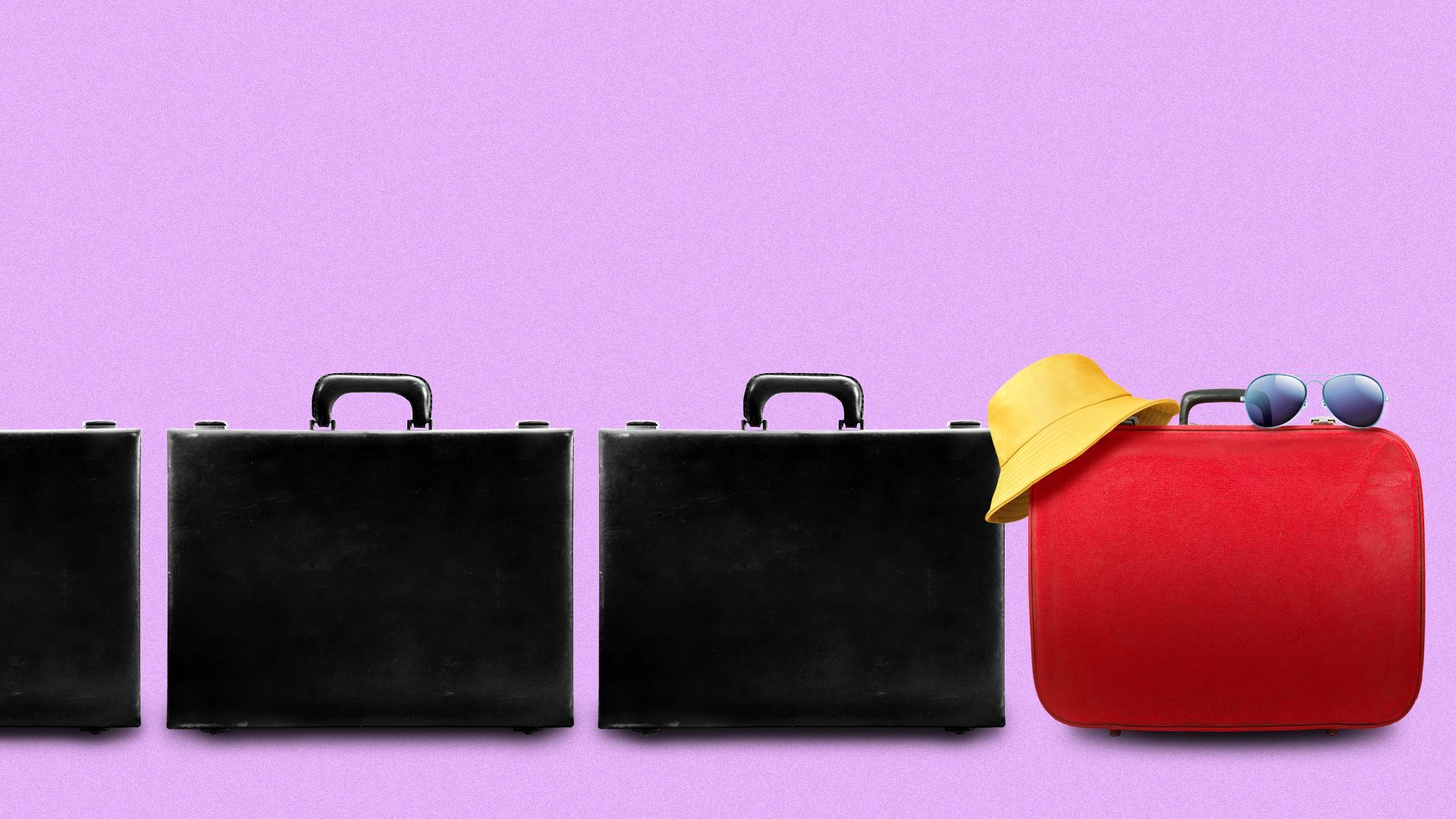 Illustration of a line of briefcases followed by a suitcase with a pair of sunglasses and a hat on it