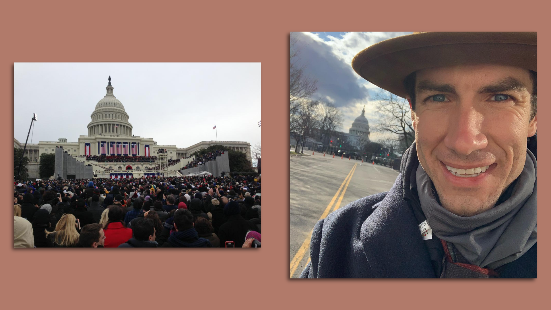 Two side-by-side photos. At left, the U.S. Capitol on a cloudy day viewed from a seated crowd during the inauguration. At right, a selfie of a man with the U.S. Capitol in the background.