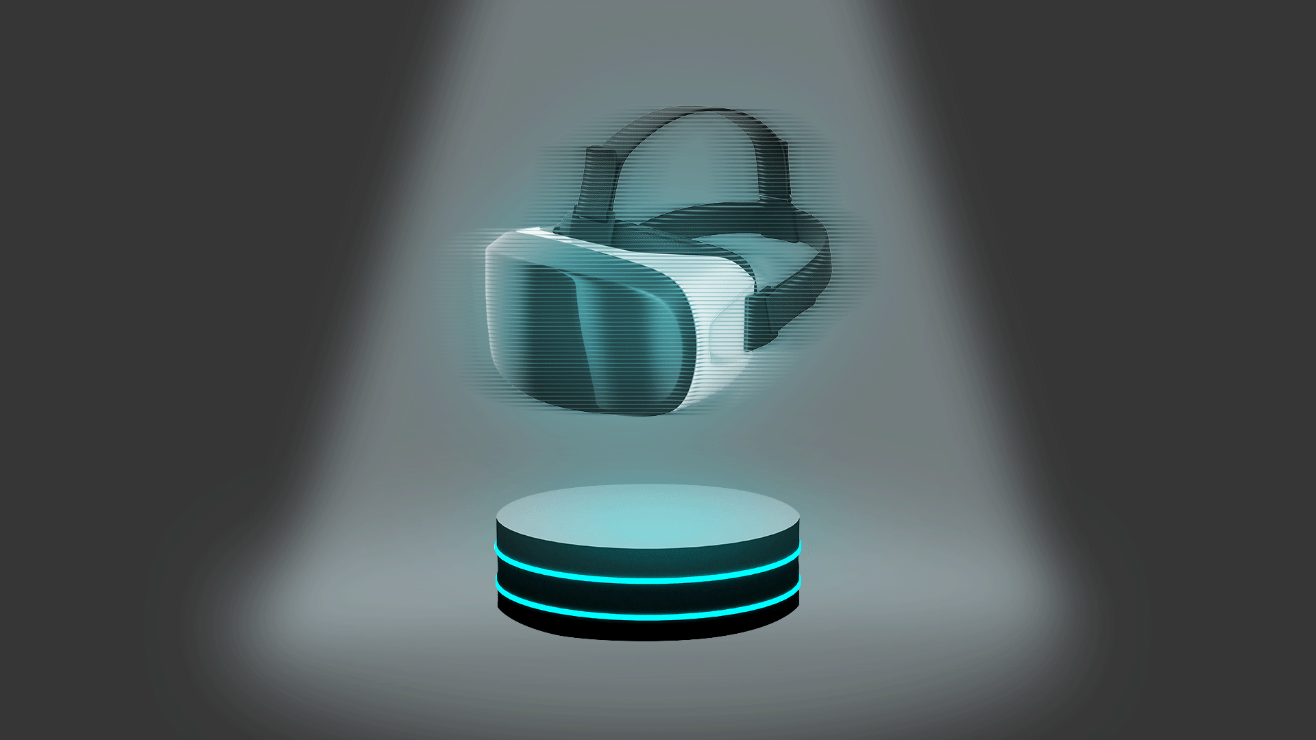 Animated illustration of a hologram of a VR headset, flickering in and out. 