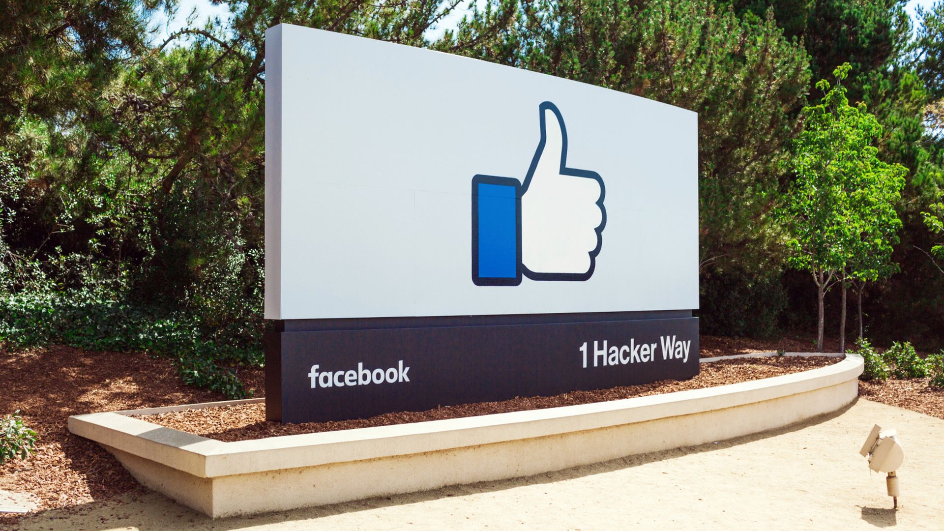 A thumbs up sign on the Facebook HQ in Menlo Park, Calif.