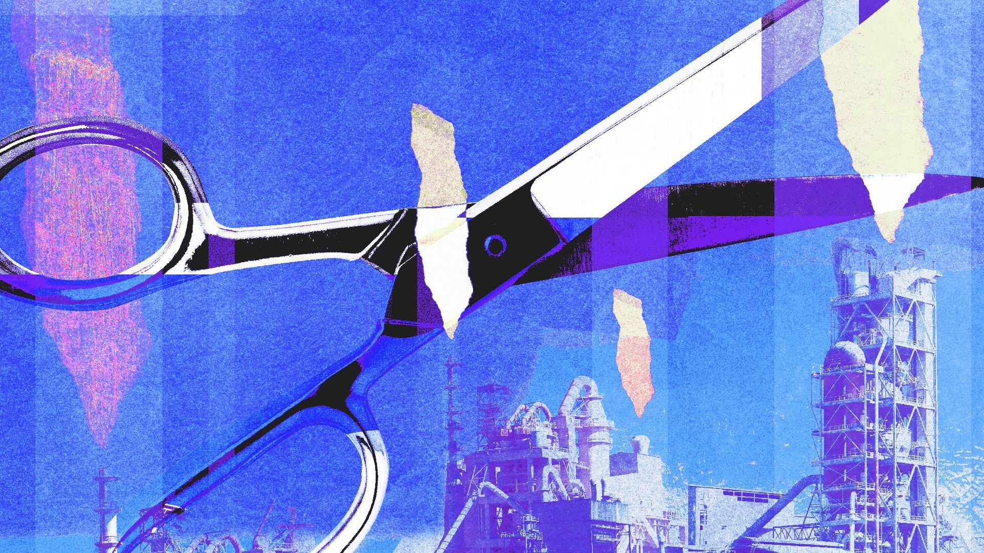 Illustration of a collage of giant scissors cutting smoke emitted by industrial smoke stacks.