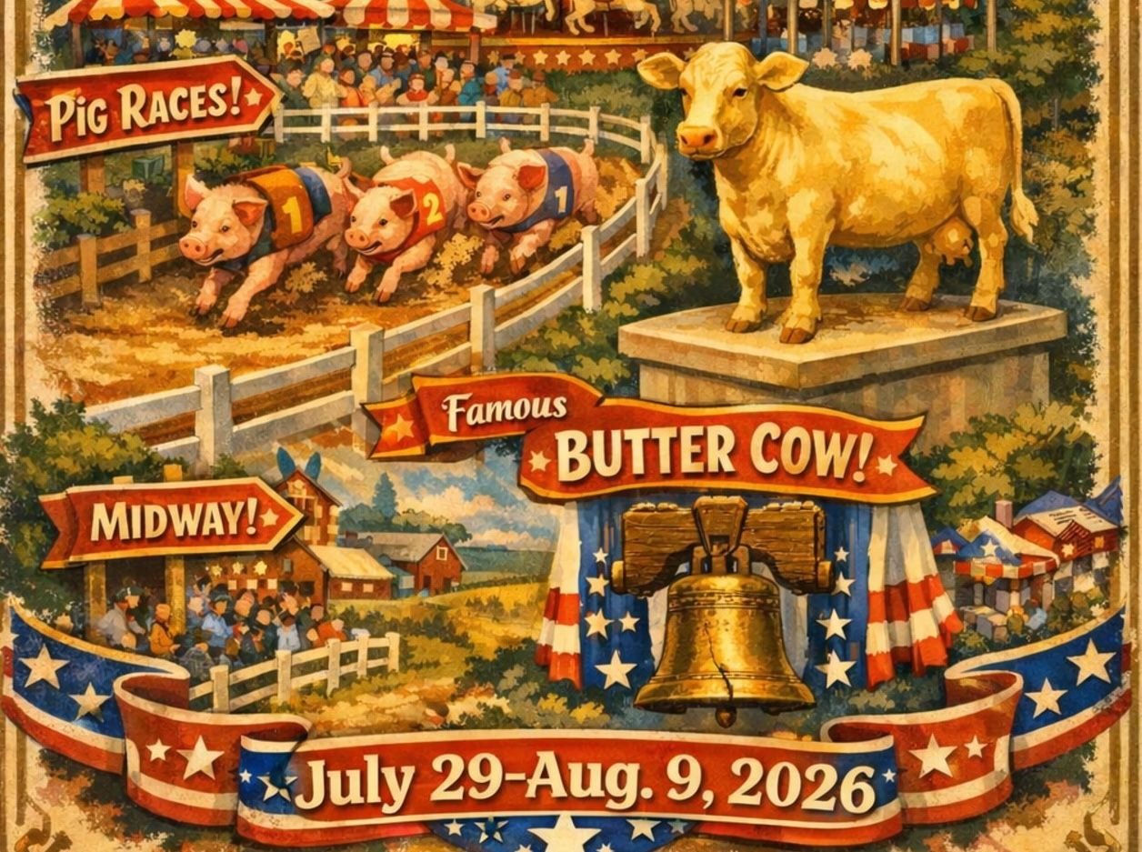 A close-up of the Ohio State Fair poster's racing pigs, butter cow and Liberty Bell details.