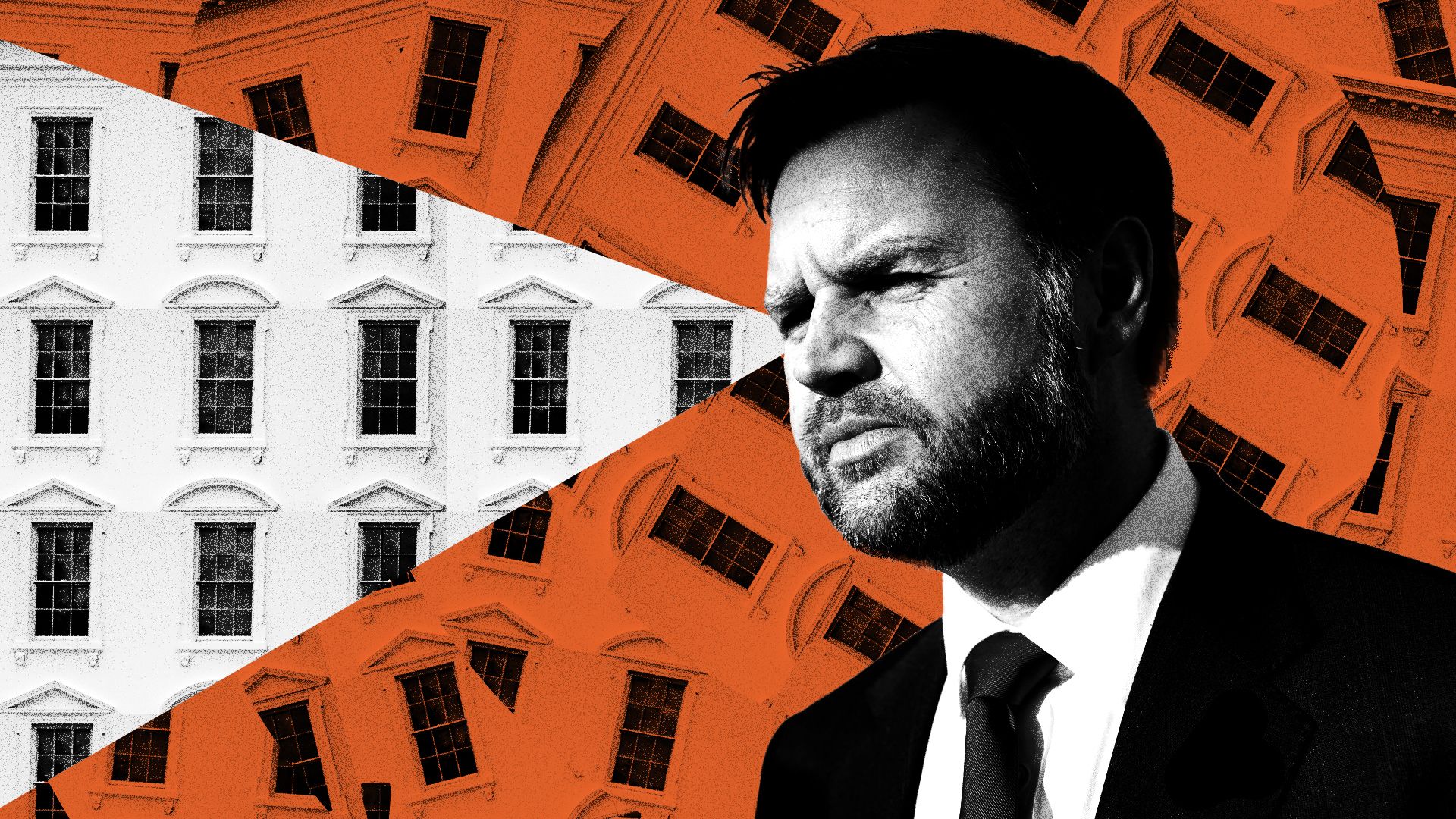 Photo illustrated collage of JD Vance in front of a pattern made up of the White House facade that is all mixed up, except for a slice representing his vantage point which is organized.