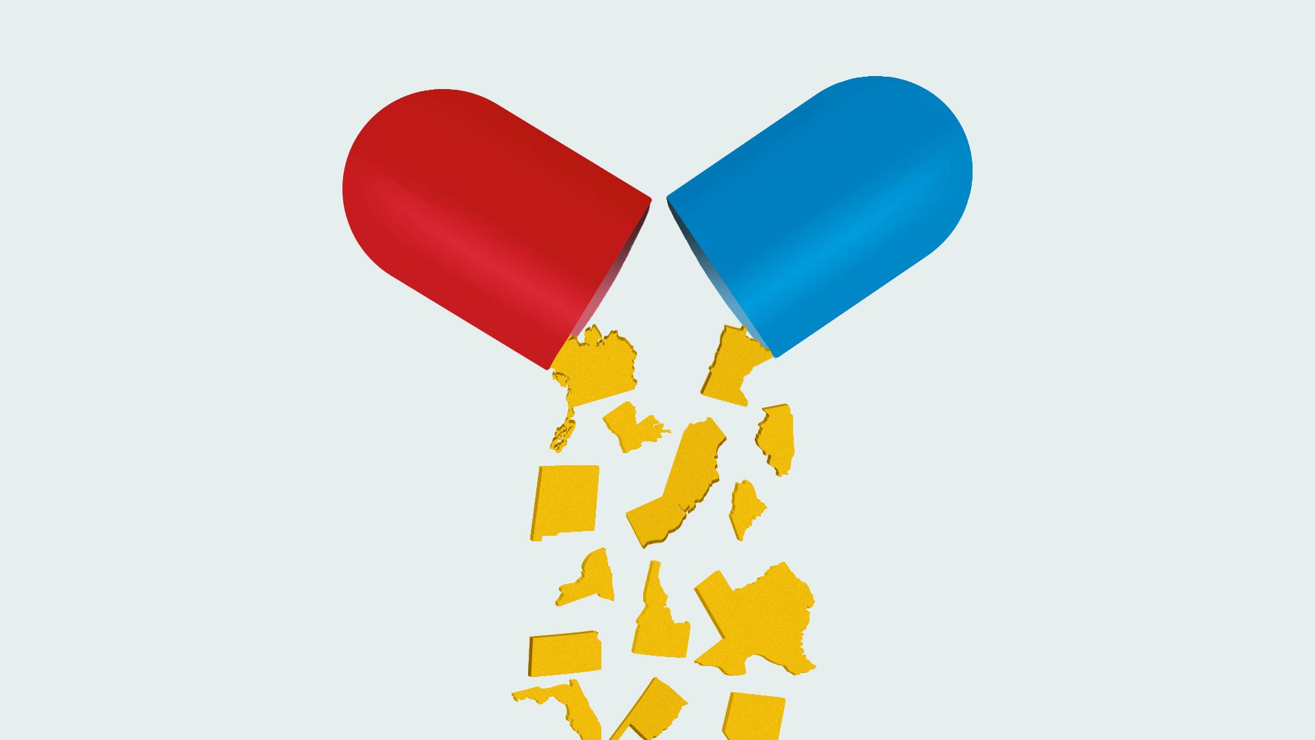 Illustration of a pills capsule opening with state-shaped pills falling out