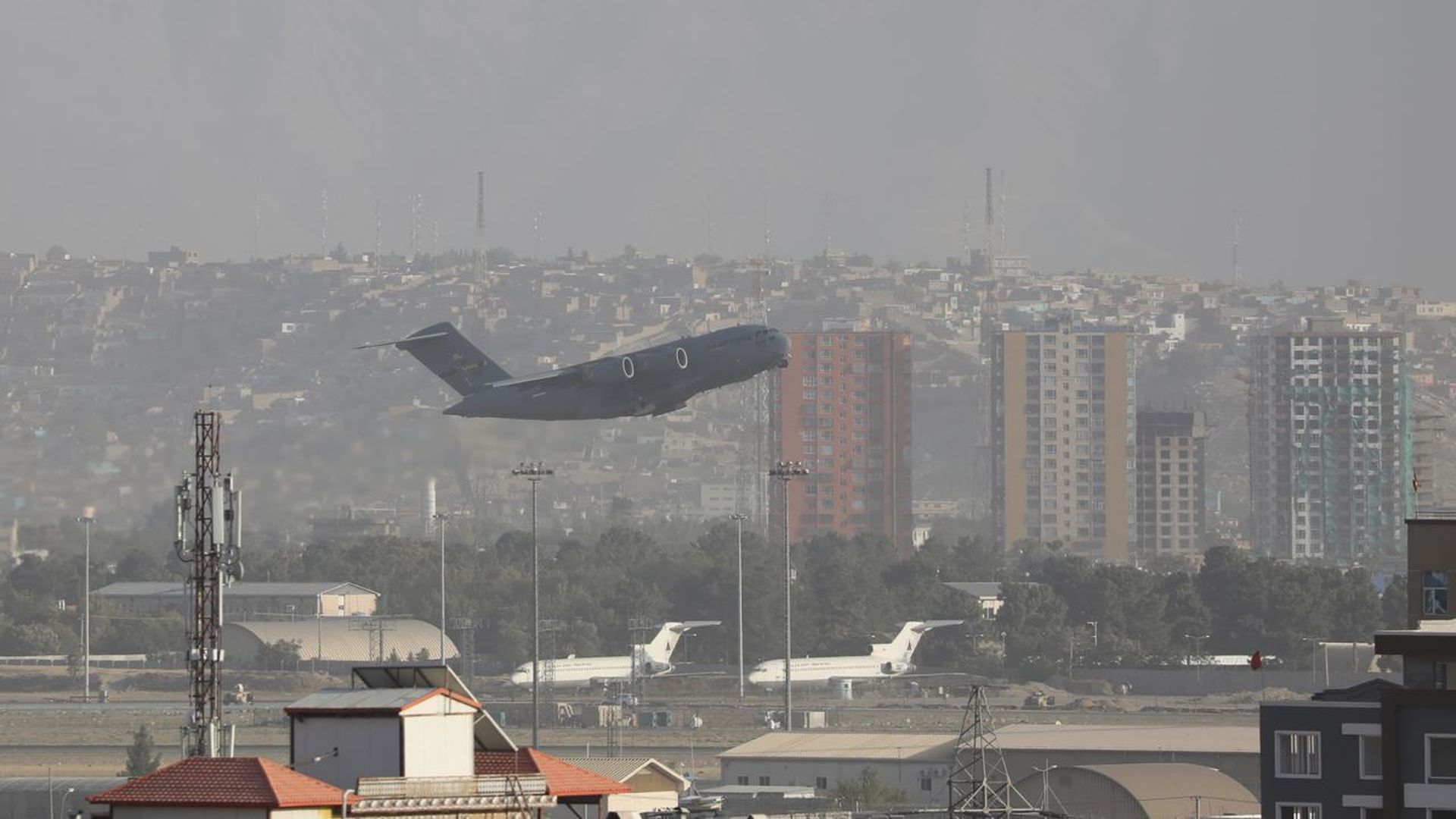 A military plane leaving Hamid Karzai International Airport in Kabul on Aug. 27.