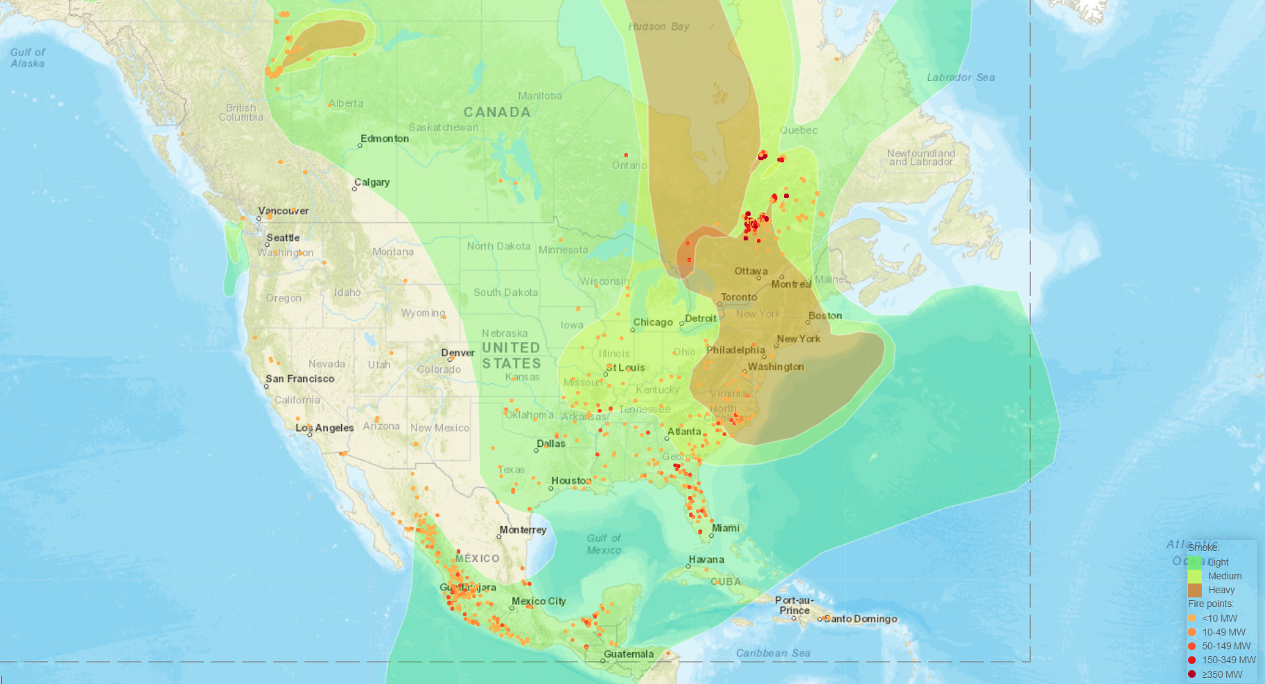 A screenshot of a National Oceanic and Atmospheric Administration map showing smoke density across North America on June 6.