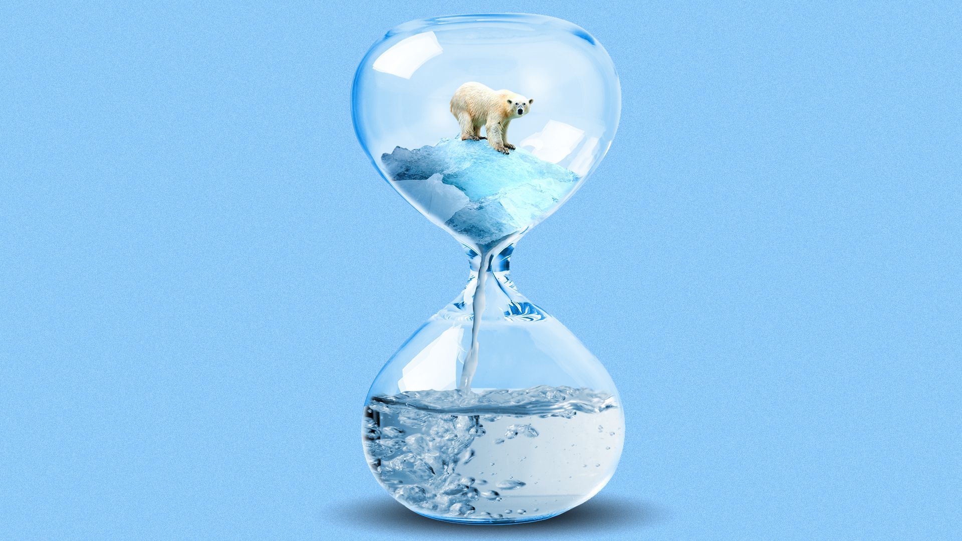 Illustration of an hour glass with a melting iceberg in the top, with water filling the bottom