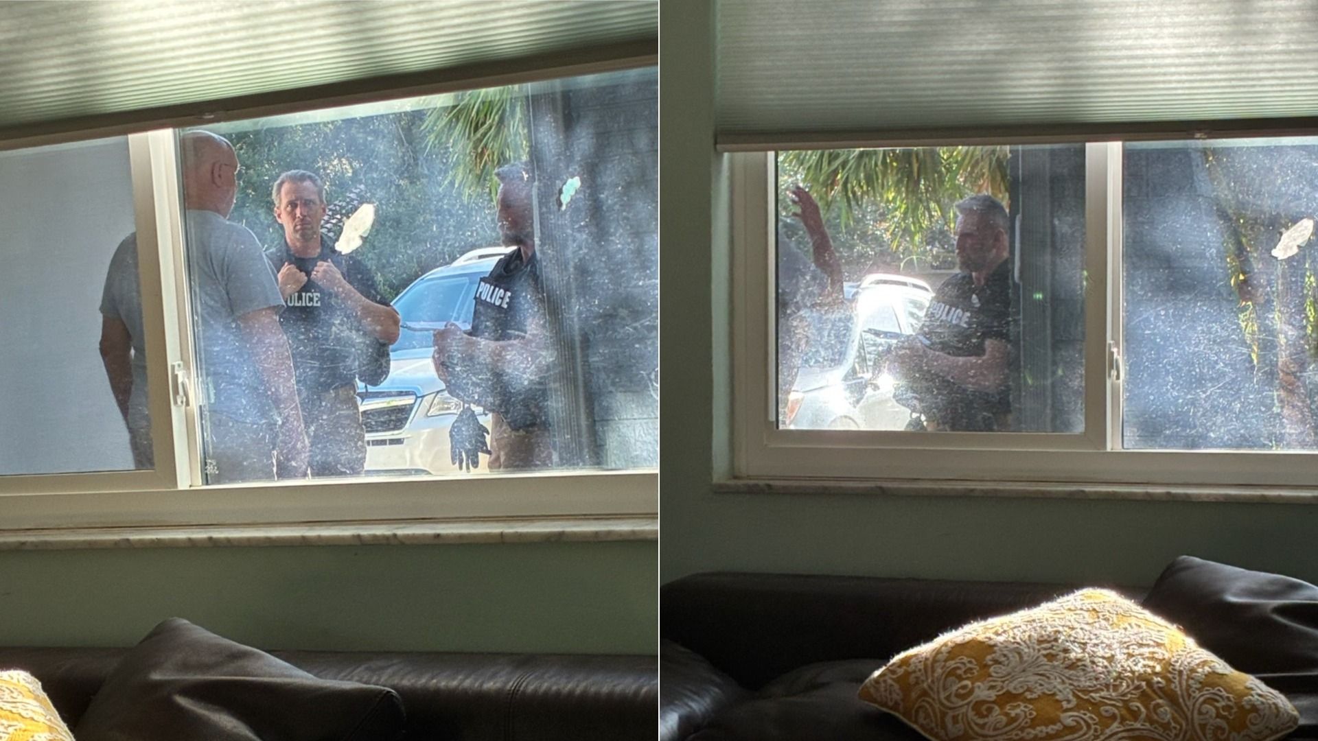 Two views through a window of three police officers outside a house. One officer gestures with raised hand. Sofa with yellow-patterned pillow is inside near the window.