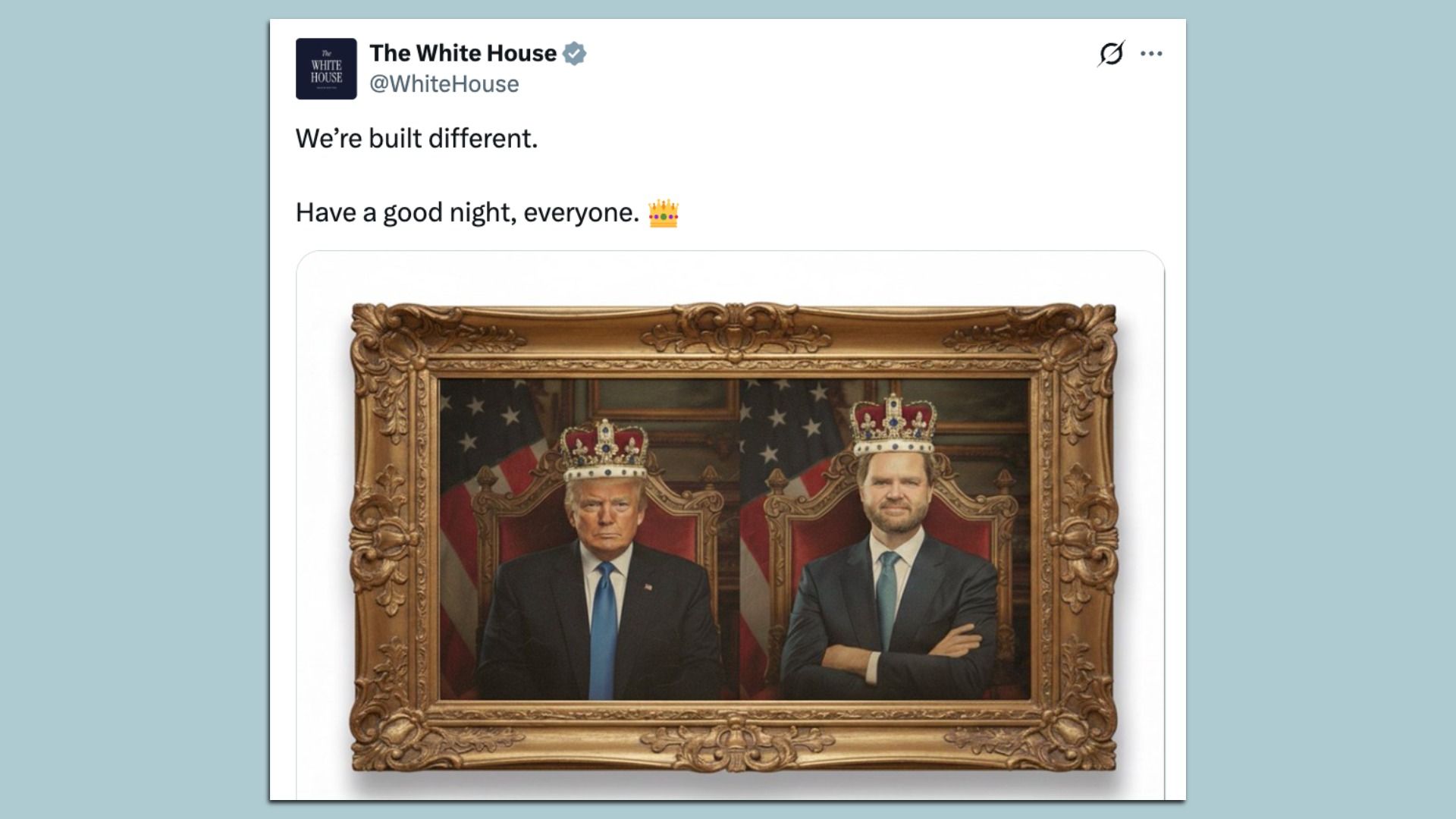 Image of a painting of President Trump and Vice President Vance with crowns