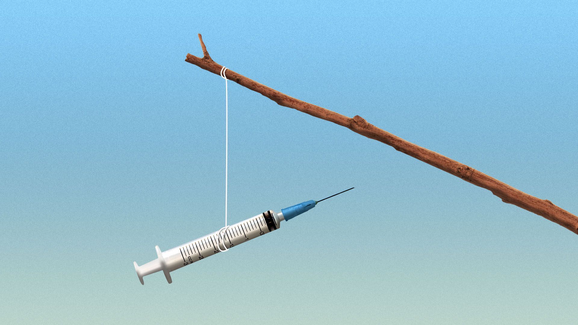 Illustration of a syringe tied to a string on a stick