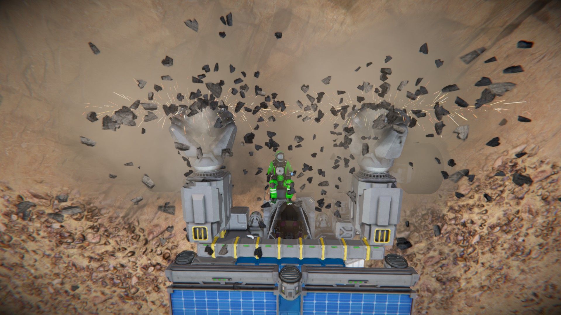 Video game screenshot of a person riding a vehicle that is burrowing down into a pit, debris flying everywhere